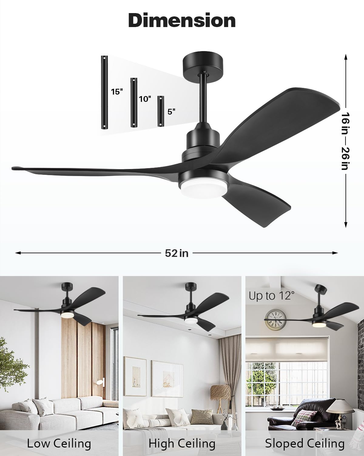 Forrovenco Ceiling Fan with Lights Remote Control, 52 Inch Black Ceiling Fans with 3 Downrods, 3 Blades, Timer, 6 Speed Modern Fan Quiet Reversible DC Motor for Patio Bedroom Outdoor/Indoor