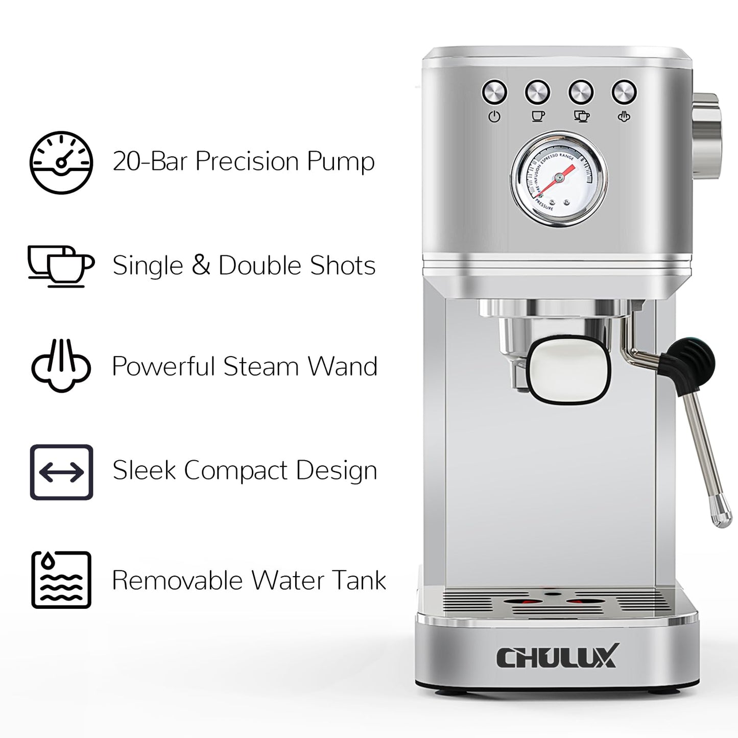 CHULUX Kompatto Espresso Machine 20 Bar with Milk Frother, Stainless Steel Automatic Espresso Coffee Machine for Home Latte & Cappuccino Maker, 40oz Removable Water Tank, 1350W