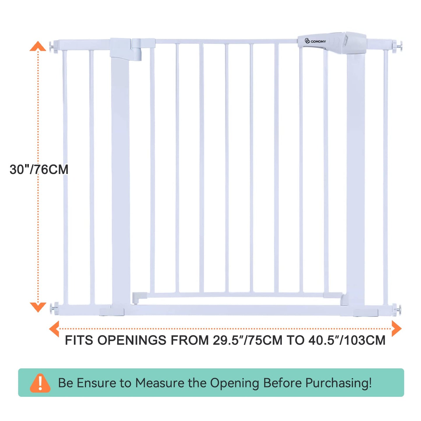 COMOMY 29.5-40.5" Extra Wide Baby Gate, Auto Close Dog Gate for House Doorways Stairs, Pressure Mounted Easy Walk Thru Pet Gate Safety Child Gate, includes 4 Wall Cups and 2 Extension Pieces, White