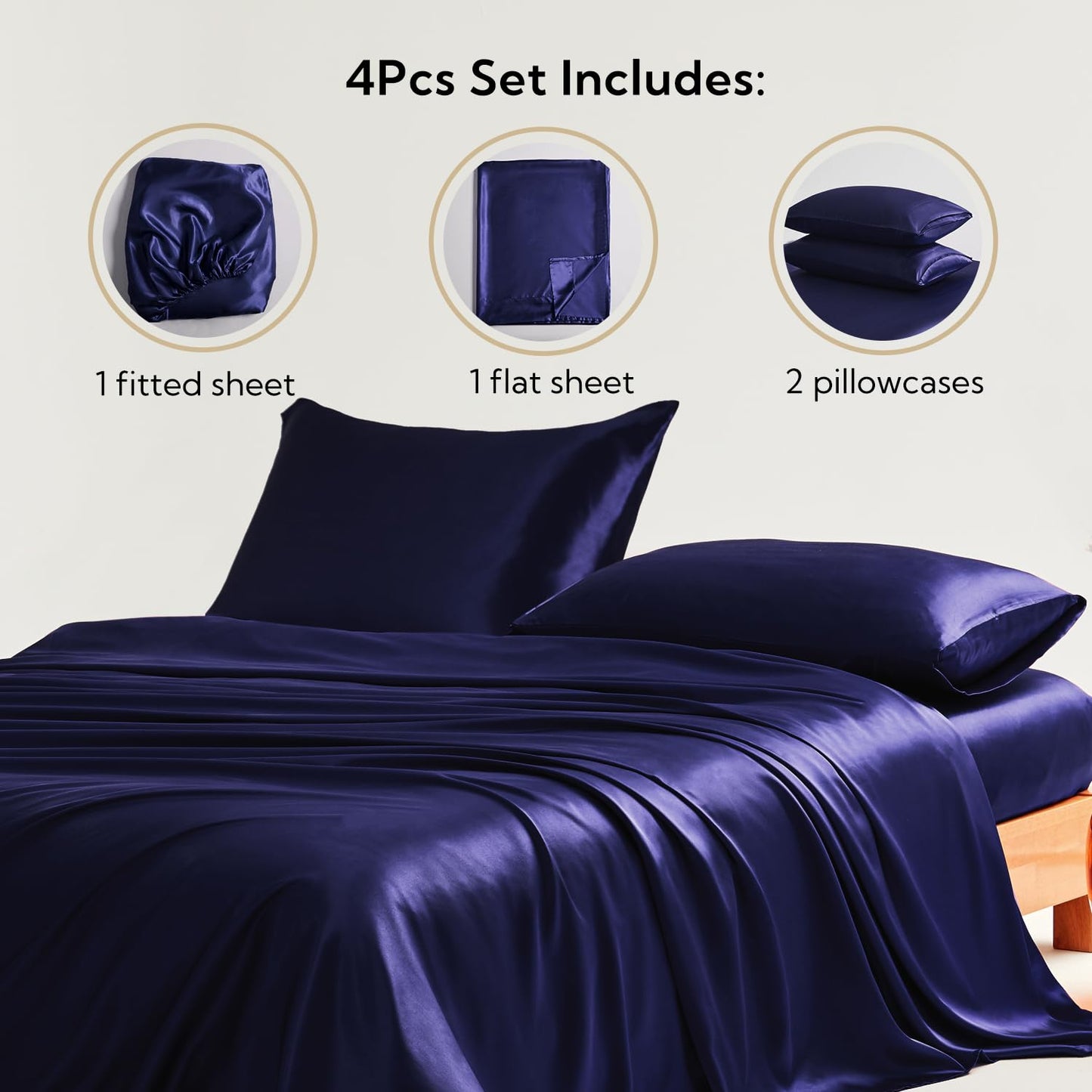 Candoury Satin Sheets Bed Set 4 Pcs, King Size Silky Bedding Set, Soft and Durable Pillowcase, Flat Sheet and Fitted Sheet, Hotel Luxury Bed Sheets Set(King, Navy Blue)