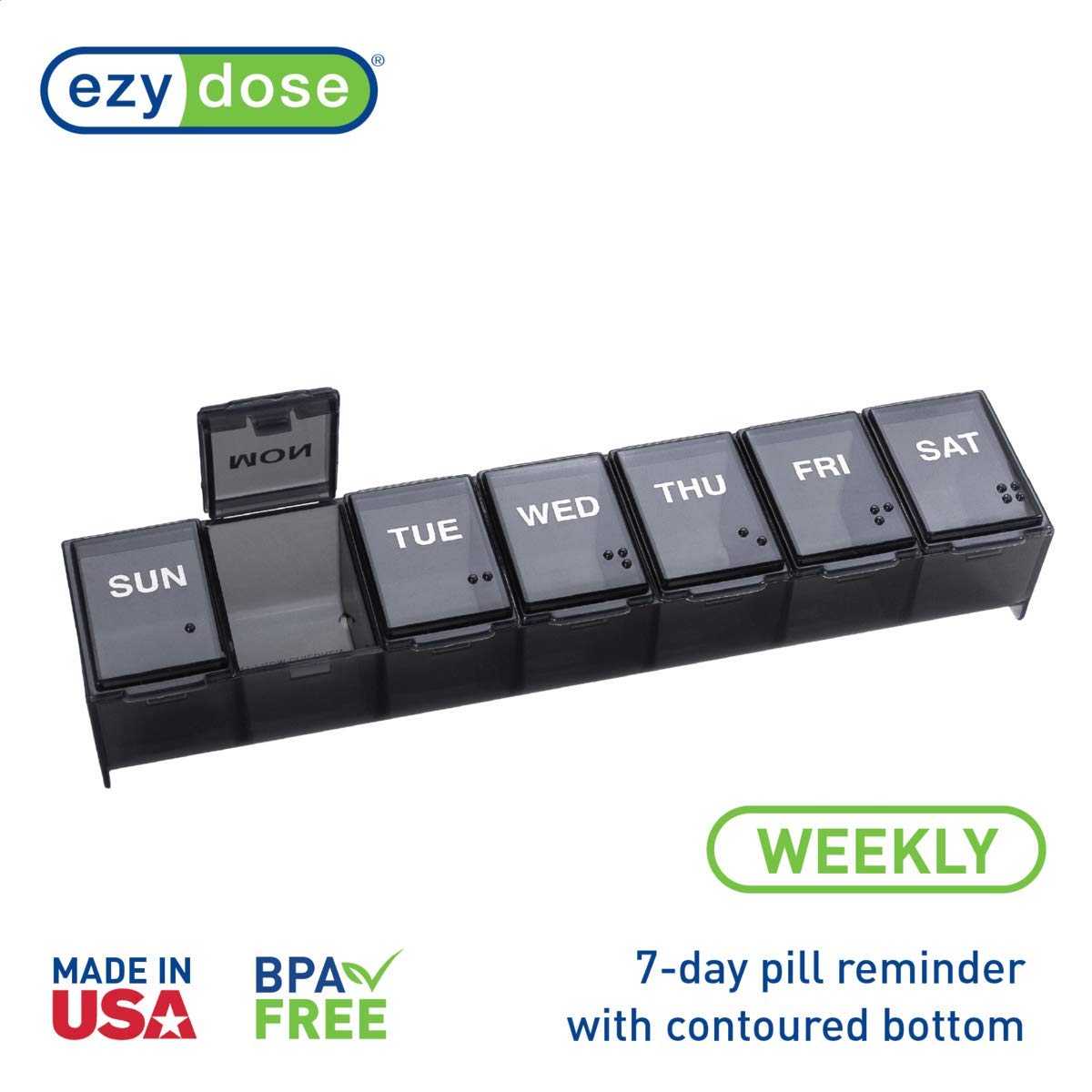 EZY DOSE Weekly (7-Day) Pill Case, Medicine Planner, Vitamin Organizer Box, Convenient and Easy to Use, Large Compartments, Travel Friendly, Black, Made in the USA, BPA Free