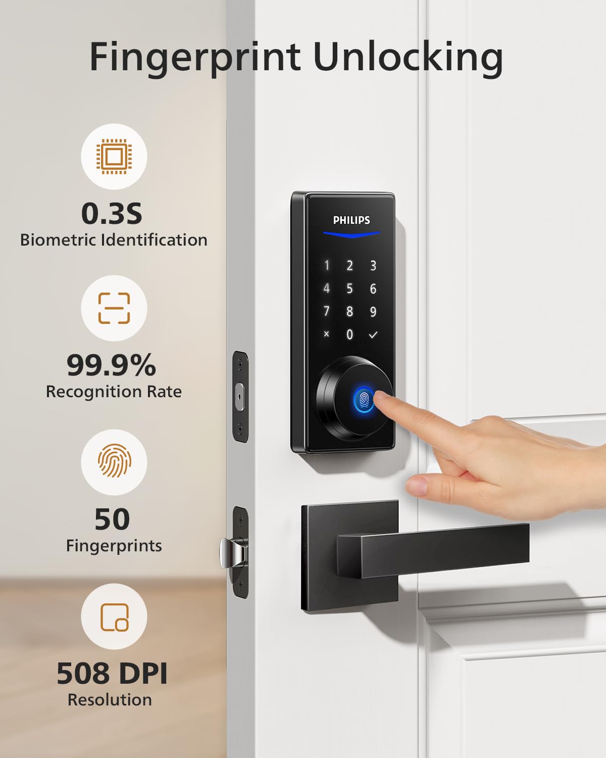 Philips Fingerprint Door Lock with 2 Lever Handles Set, Keyless Entry Door Lock with Handles, Electronic Door Lock Set with Code, Door Lock Set for Front Door,Auto Lock, Touchscreen Keypad with Key