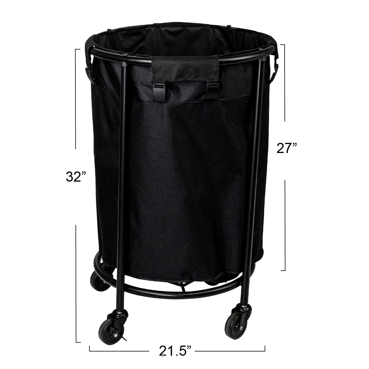 Household Essentials Round Laundry Hamper, Metal Frame with Wheels, Heavy Duty and Commercial-Grade, Black Polyester Bag, Great For Both Residential and Commercial Use