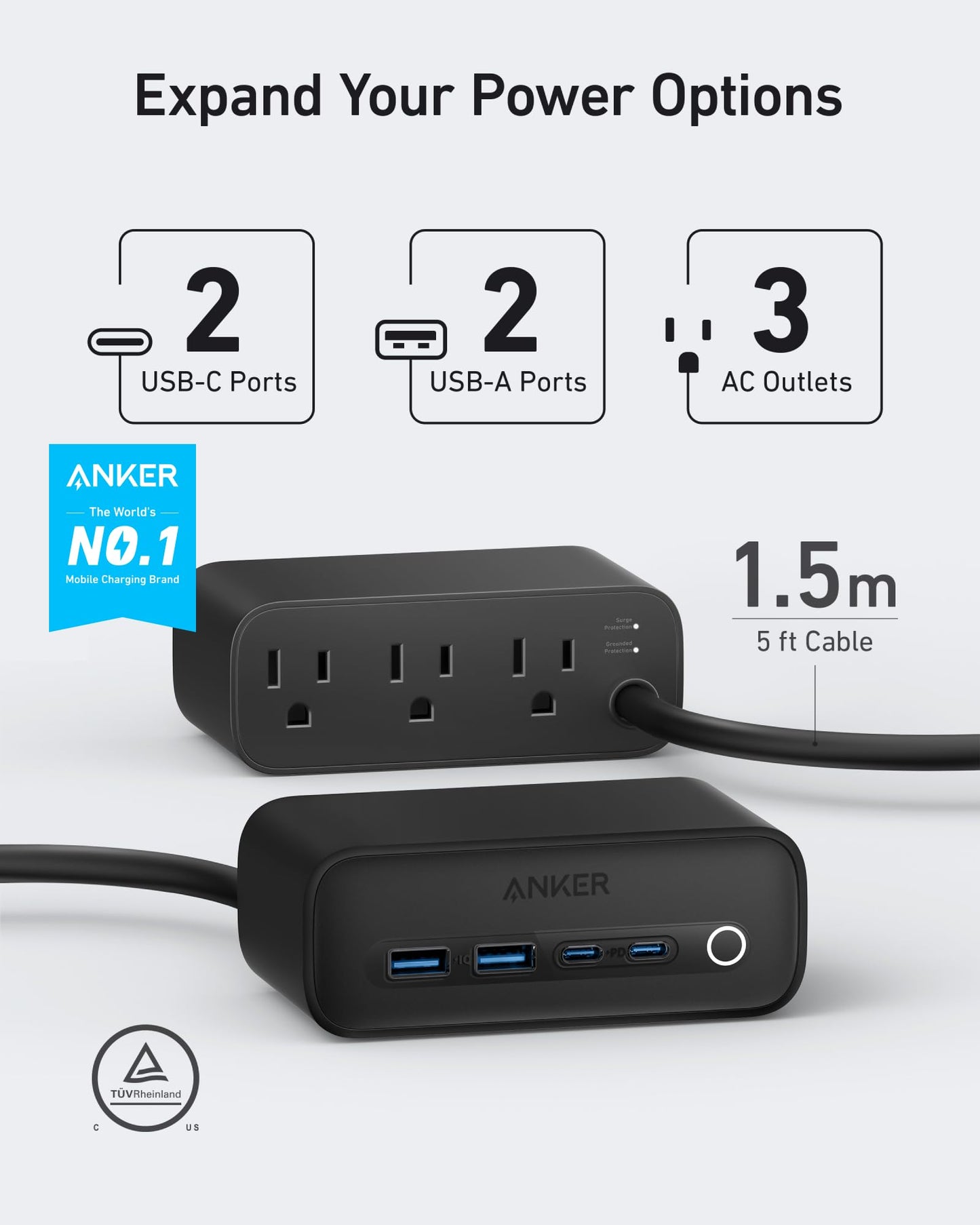Anker 525 Charging Station, 7-in-1 USB C Power Strip for iphone13/14, 5ft Extension Cord with 3AC,2USB A,2USB C,Max 65W Power Delivery Desktop Accessory for MacBook Pro, Home, Office (Phantom Black)
