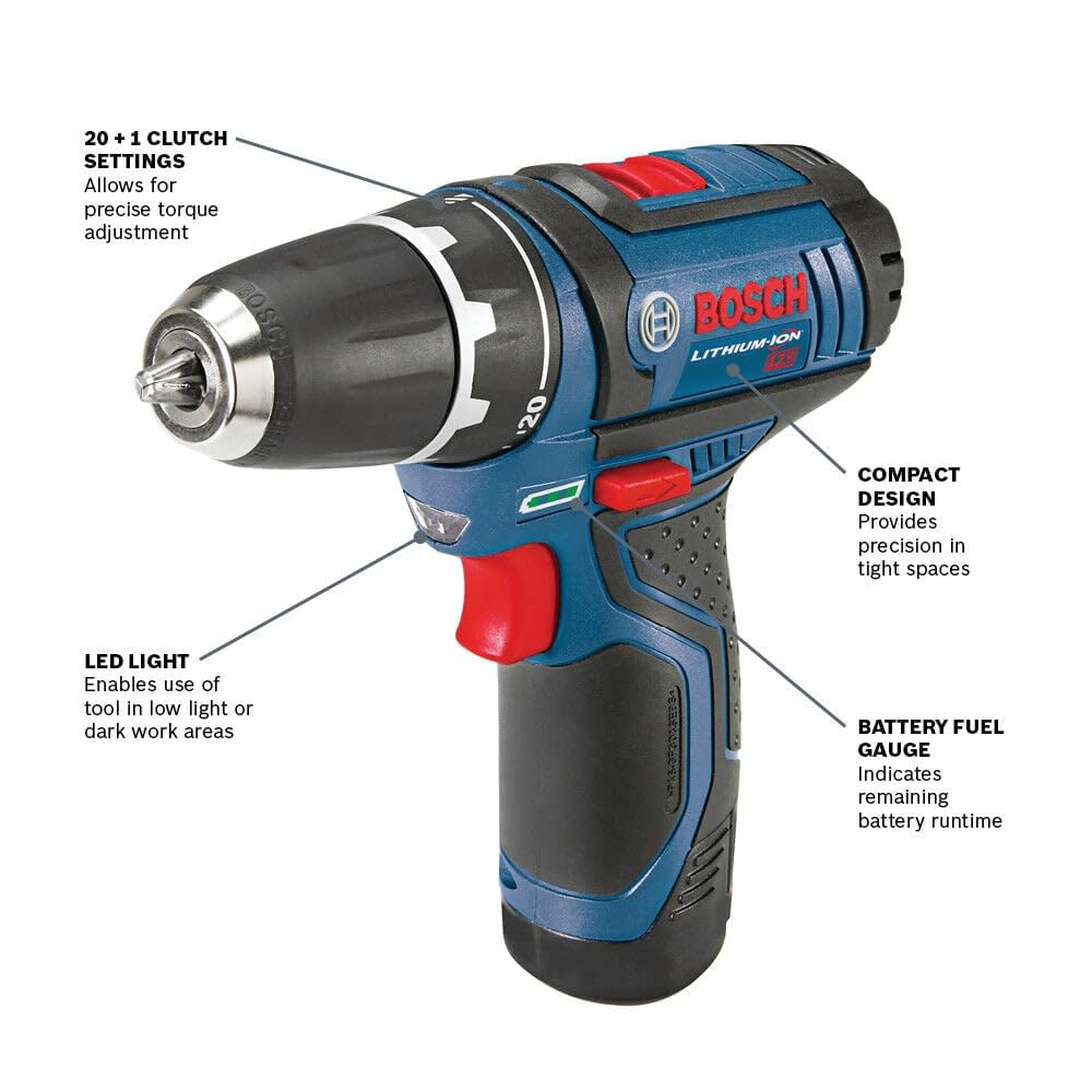 BOSCH PS31-2A 12V Max 3/8 Inch Drill/Driver Kit with (2) 2 Ah Batteries and Charger, Variable Speed