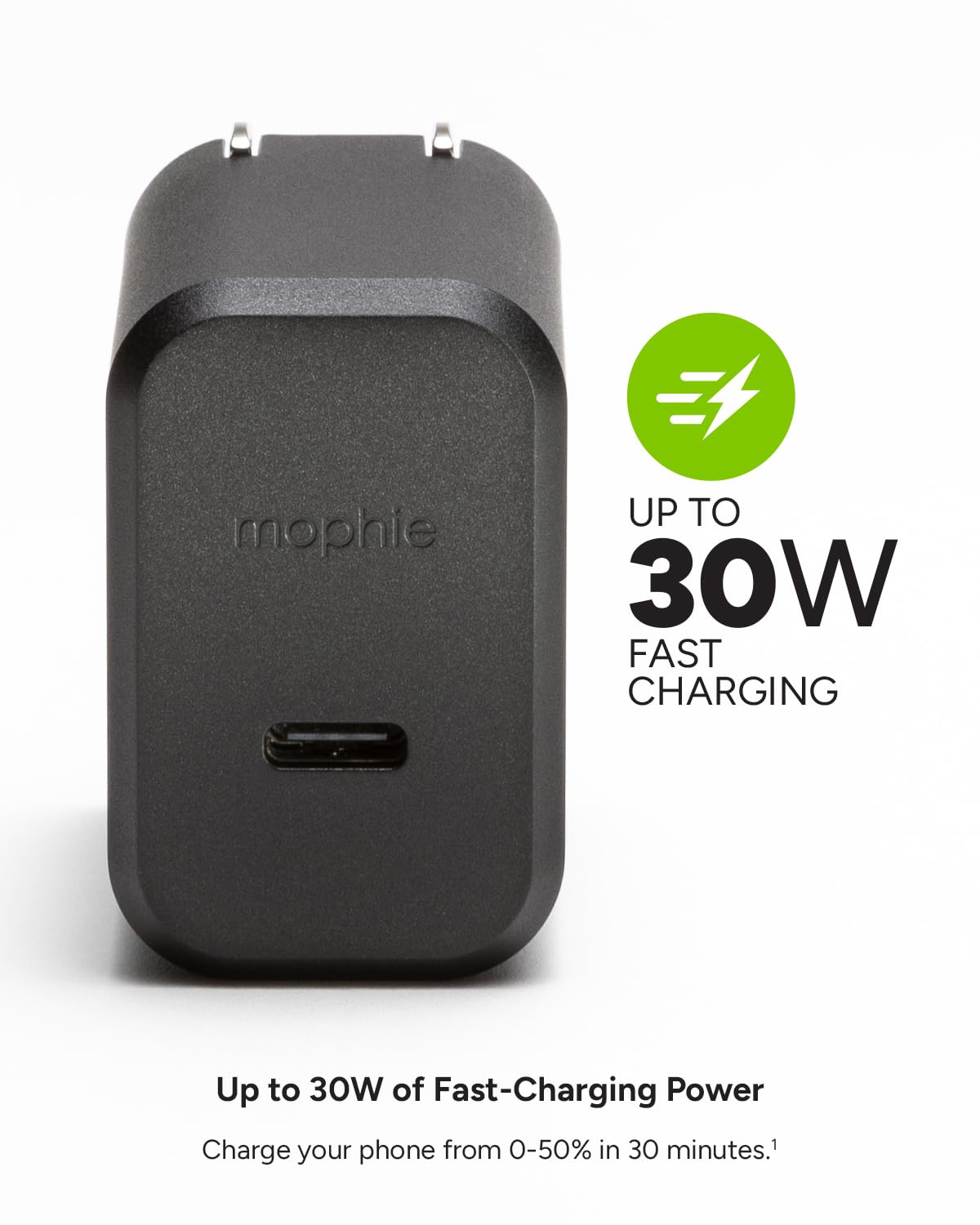 Mophie GaN 30W USB C Charger Block - Fast Wall Charger for iPhone, iPad, Samsung Galaxy, Google Pixel, and More - Compact, Foldable Prongs, Eco-Friendly, Black