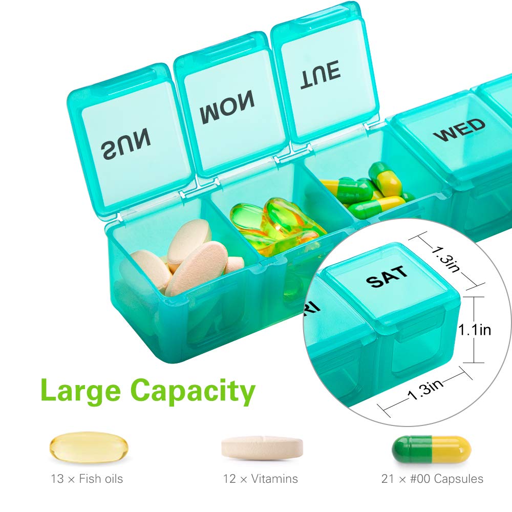 BUG HULL Weekly Pill Organizer Large 2 Packs, Extra Large Travel Pill Organizers, Pill Box 7 Day, Travel Pill Case, Medicine Pill Organizer for Vitamins, Supplements and Medications (Blue+Green)