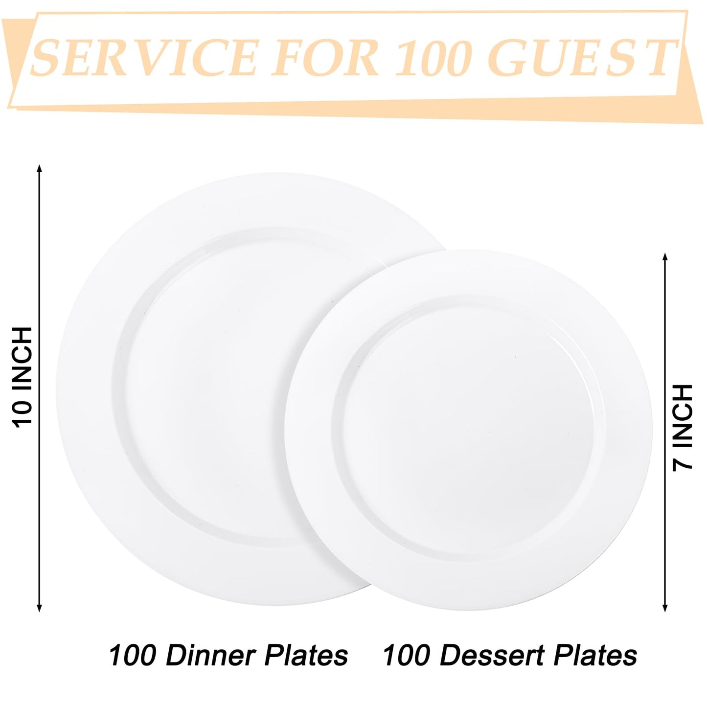 FLOWERCAT 200PCS White Plastic Plates Disposable Plates for Party - Heavy Duty Plastic Plates - 100 10" Dinner Plates and 100 7" Salad Plates for Wedding & New Year Parties and Events