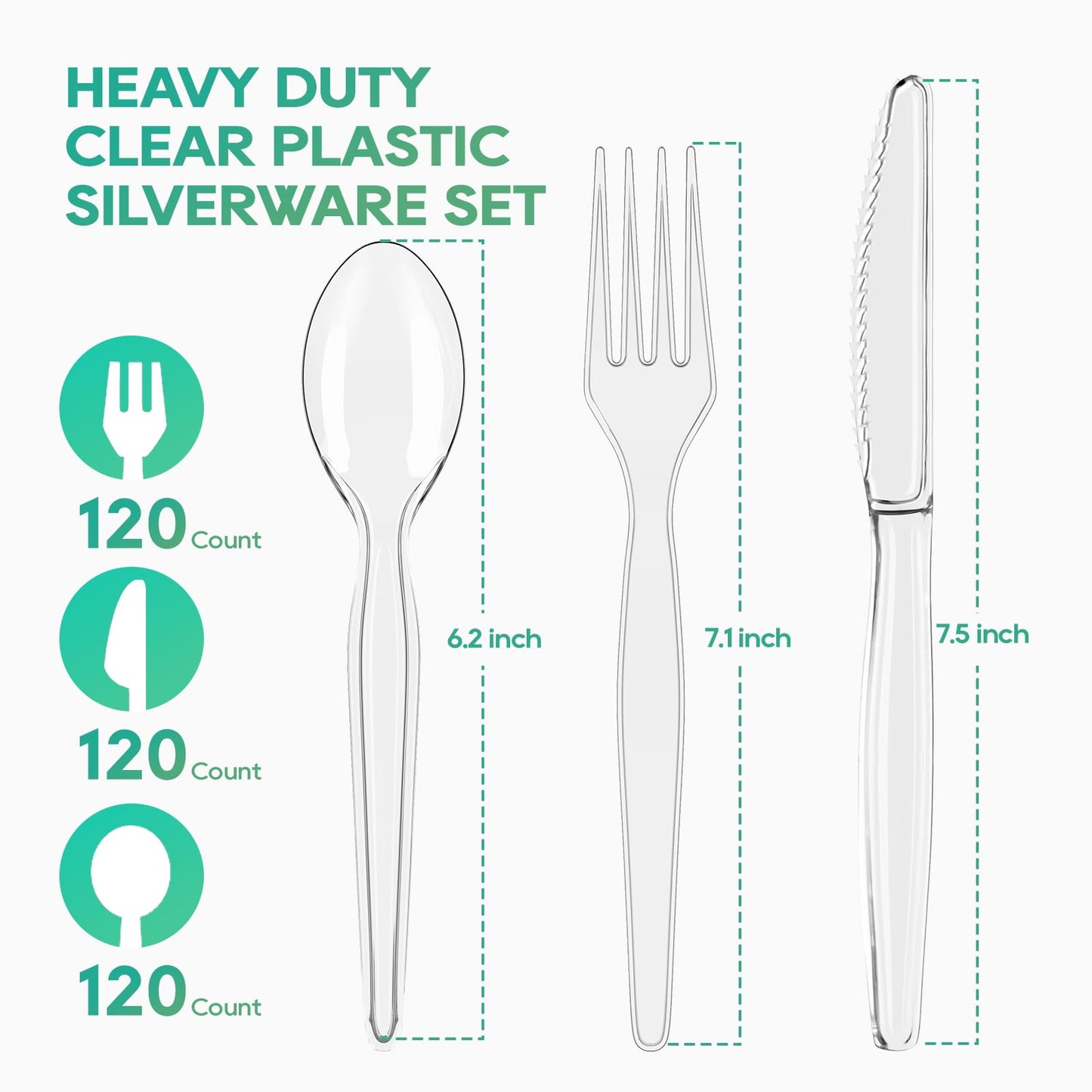 FOCUSLINE 360 Count Clear Plastic Silverware, 120 Forks, Knives and Spoons Each, BPA-Free, Heavy Duty Disposable Cutlery Set, Premium Disposable Flatware Plastic Utensils for Party Everyday Use