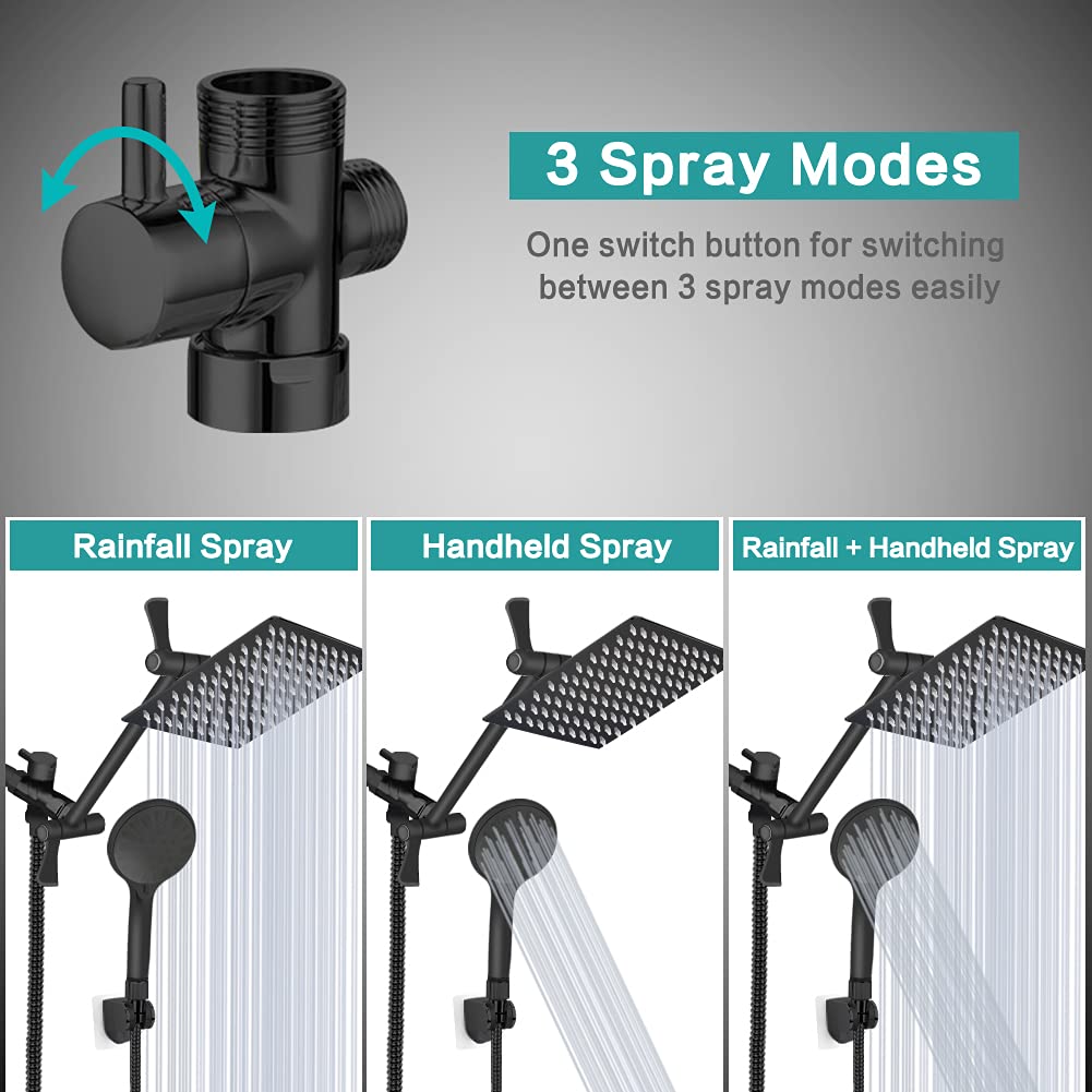 Shower Head, 8ββ High Pressure Rainfall/Handheld Shower Combo with 11'' Extension Arm, 9 Settings, Anti-leak Shower Head with Holder, Height/Angle Adjustable, Chrome, Matte Black