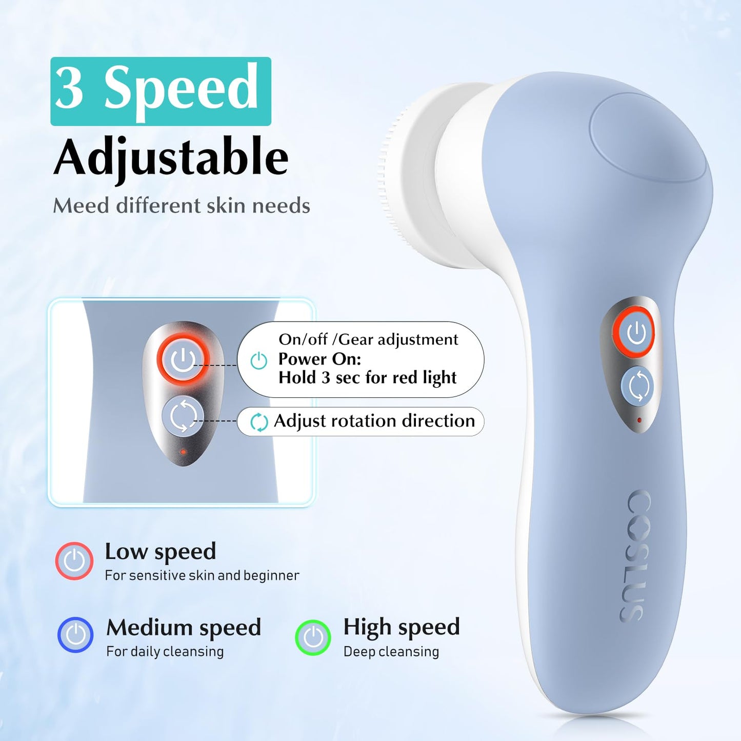 COSLUS Powered Facial Cleansing Brush: Rechargeable Electric Face Cleanser for Sensitive & Acne-Prone Skin, 3 Brush Heads, 3 Speeds, 2-Direction Rotation, for Men Women IPX7, Deep Cleaning Blue