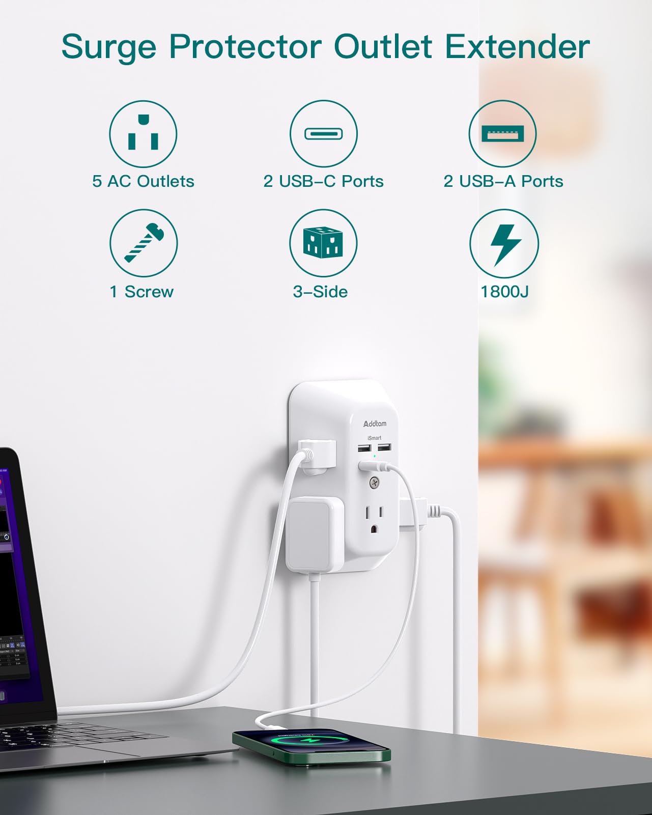 Addtam USB Wall Charger Surge Protector, 5 Outlet Extender with 4 USB Charging Ports 3 Sided 1800J Power Strip Multi Plug Outlets, Wall Adapter Spaced for Home Office, PD 20W