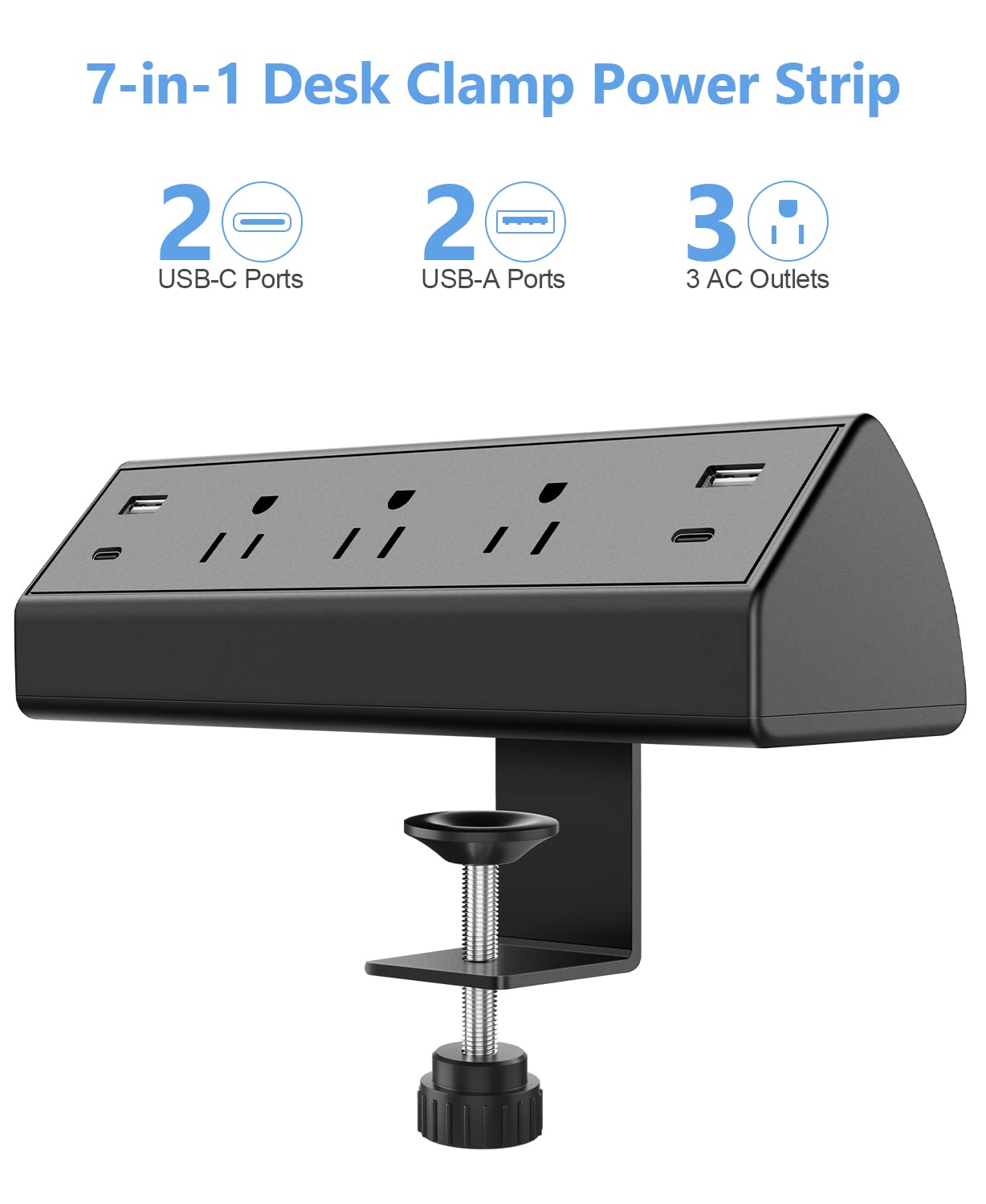 Desk Clamp Power Strip USB C,Desktop Mount Surge Protector,40W Fast Charging Station,2 PD 20W USB C Ports,3 Outlets,6FT Flat Plug,Desk Edge Power Strip for Home,Office,Fit 1.96" Tabletop Edge