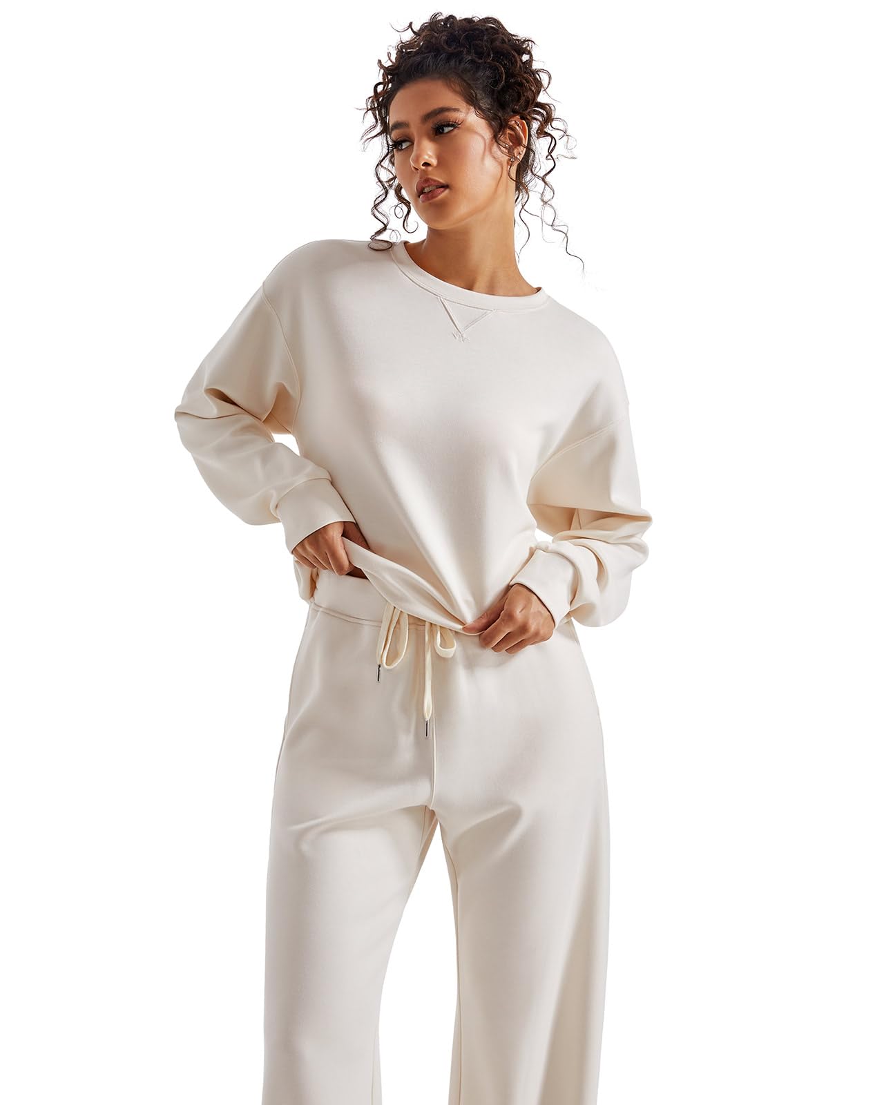 SUUKSESS Women Modal 2 piece outfits Oversized Sweatshirt Fall Lounge Set Wide Leg Pants Matching Sets (Apricot,S)