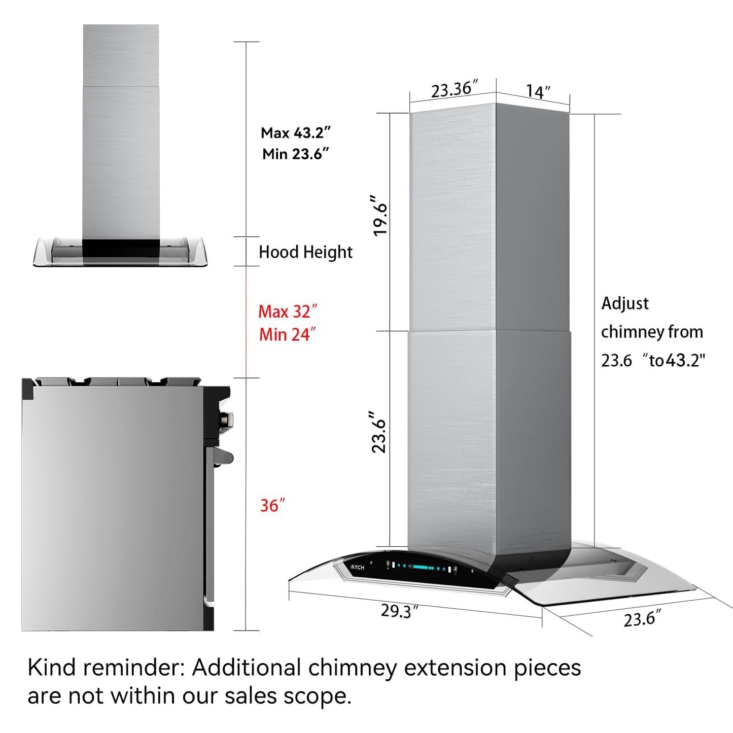 IKTCH Upgrated 30 inch Island Mount Range Hood, 900 CFM Ducted Range Hood with 4 Speed Fan, Stainless Steel& Tempered Glass with Gesture Sensing&Touch Control Making life Smarter IKIS01-30