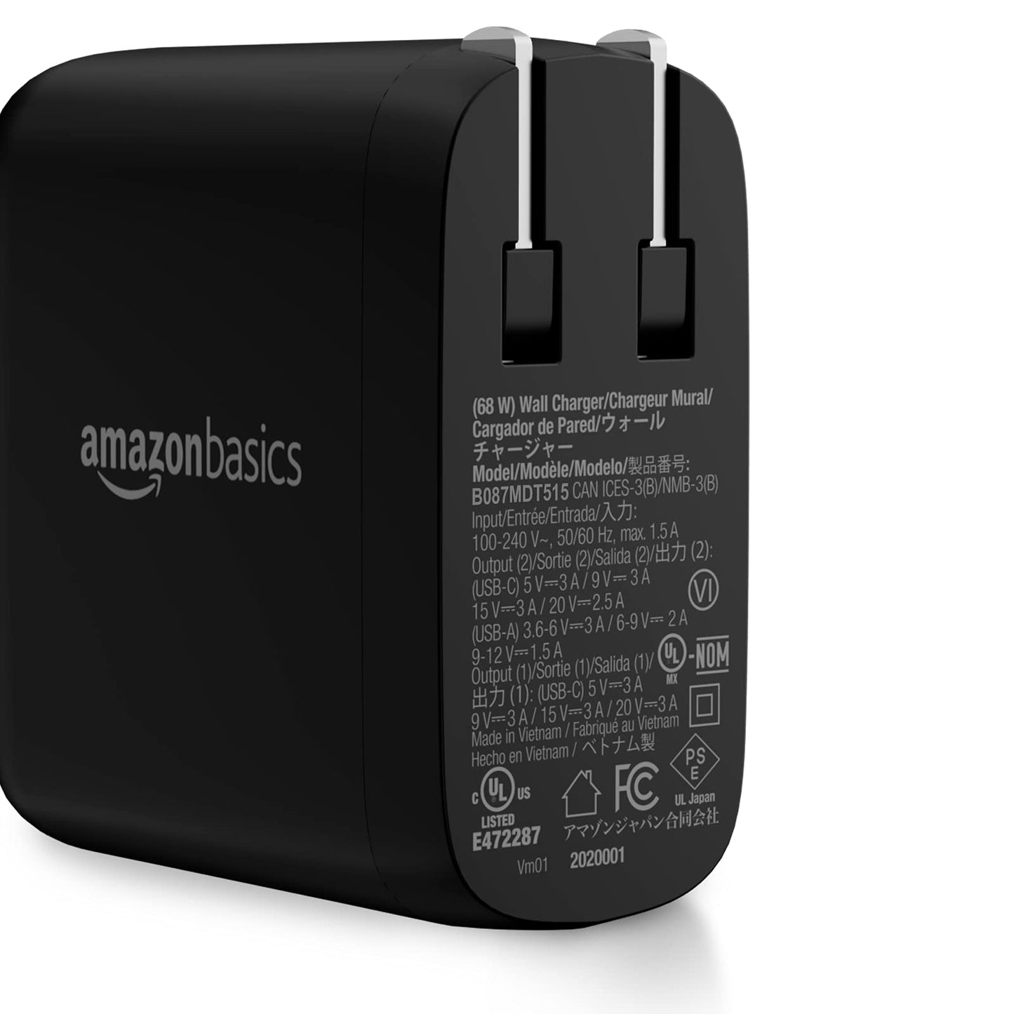 Amazon Basics 68W Two-Port GaN Wall Charger with 1 USB-C (60W) & 1 USB-A Ports (18W) with PD for Laptops, Tablets & Phones (iPhone 16/15/14/13/12/11/X, iPad, MacPro, Samsung, and more), Non-PPS, Black