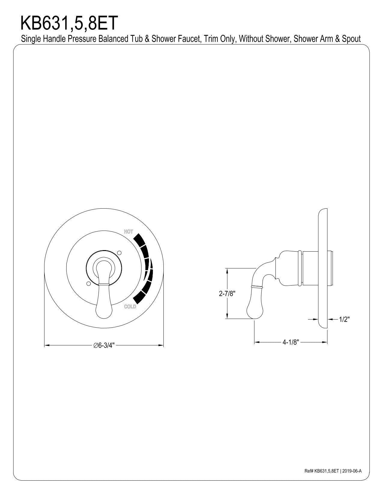 Kingston Brass KB638ET Tub and Shower Trim Kit, Brushed Nickel 6.75 x 6.75 x 4.63