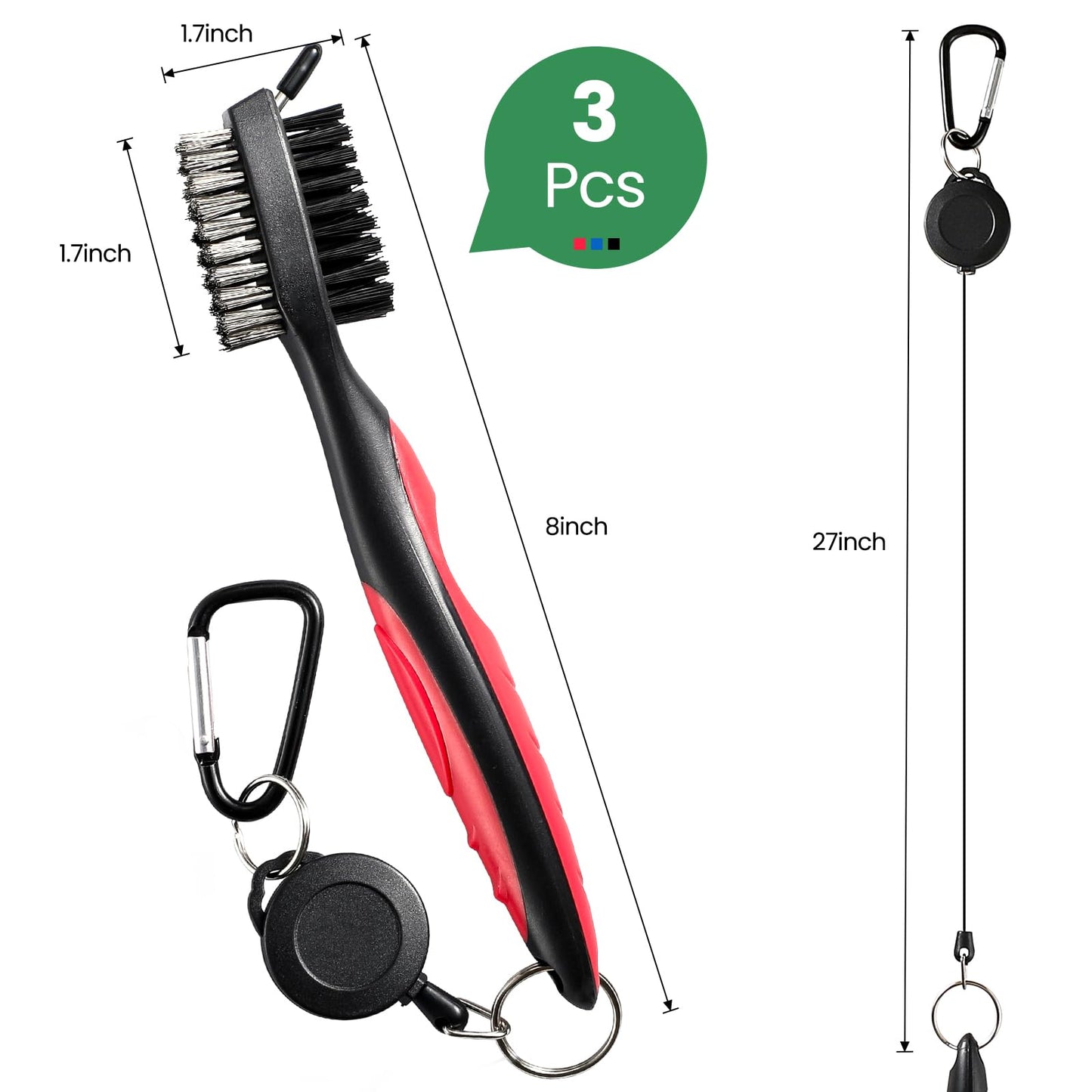 3 Pack Golf Club Brush and Club Groove Cleaner with Retractable Zip-line and Aluminum Carabiner Cleaning Tools , Golf Accessories, Golf Gifts for Men , Golf Ball Cleaner, Easily Attaches to Golf Bag