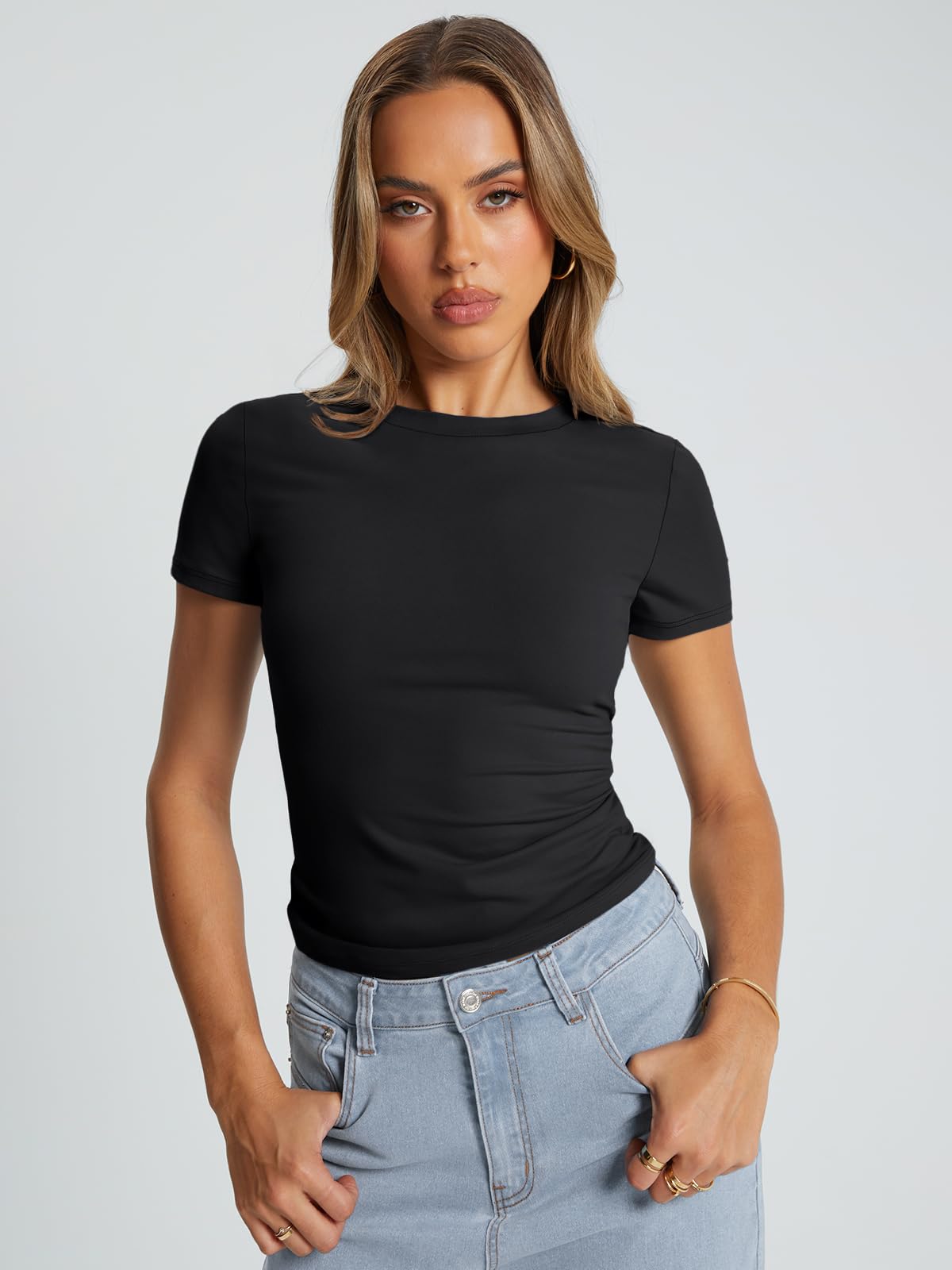 Trendy Queen Womens Stretchy Soft Opaque Basic T Shirts - Slim Fit Short Sleeve Y2k Cute Summer Crop Workout Tops Black M
