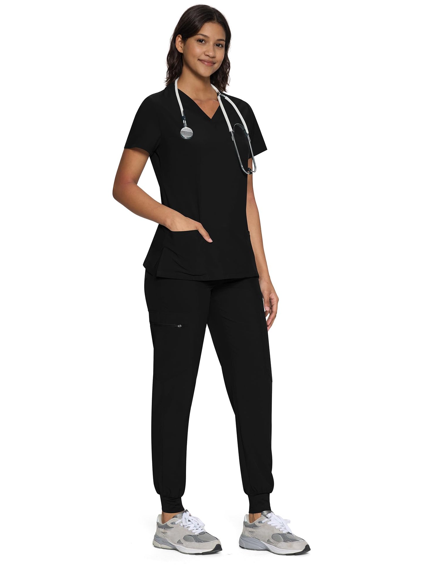 floralhue Scrubs for Women, Women's Medical Scrub Sets, V-Neck Scrubs Top & Cargo Pants with 12 Pockets, Black, M