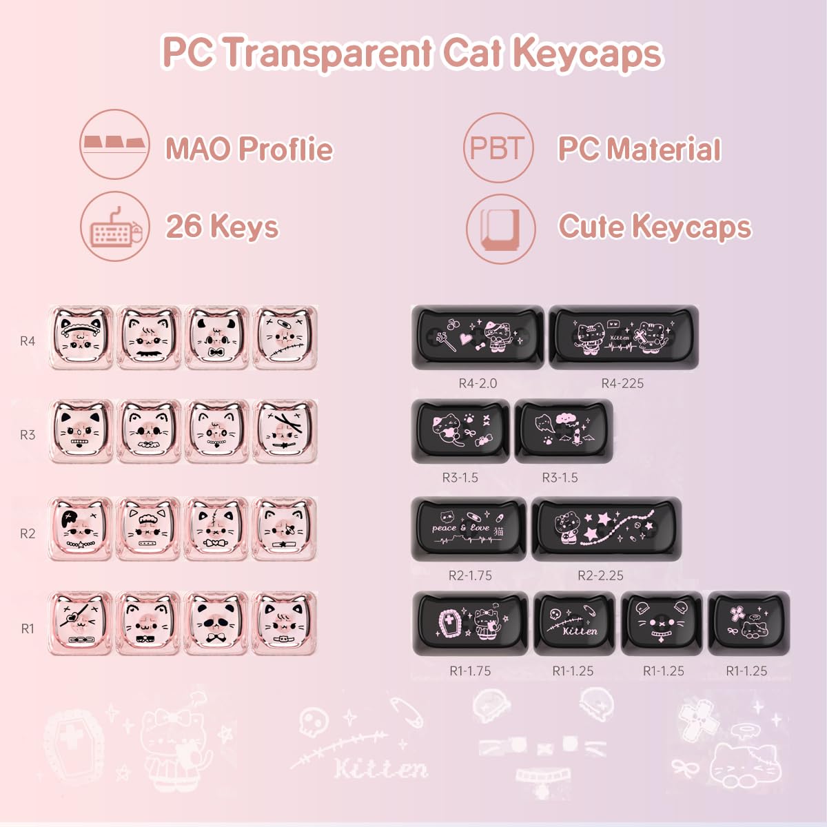 TYRIXKI 26 Keys Crystal Jelly Personalized Keycaps, PC Material Cute Black Pink Cat Transparent Custom Keycaps, Mao Profile Keycap for DIY MX Swithes Mechanical Keyboards