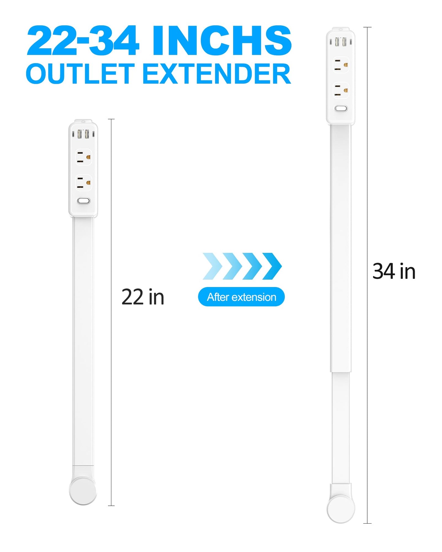 Olcorife Outlet Extender Stick, Power Strip with 6 Outlets & 4 USB Ports, Extends 22"-34", Rotates 180°(90° per Side), Home Dorm Essential for Nightstand, Couch and Desk