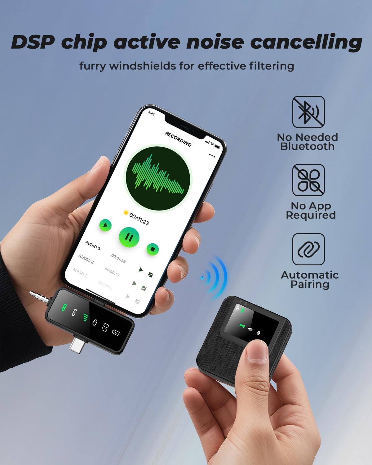 BAILIXIN 3-in-1 Mini Microphone for iPhone, Android, Camera - 328ft Long Range, 20H Battery Life, Wireless Microphones, Lapel Mic with AI Noise Reduction for Video Recording, YouTube, TikTok