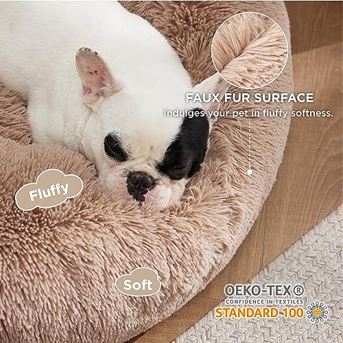 Bedsure Calming Dog Bed for Medium Dogs - Donut Washable Medium Pet Bed, 30 inches Anti-Slip Round Fluffy Plush Faux Fur Cat Bed, Fits up to 45 lbs Pets, Camel