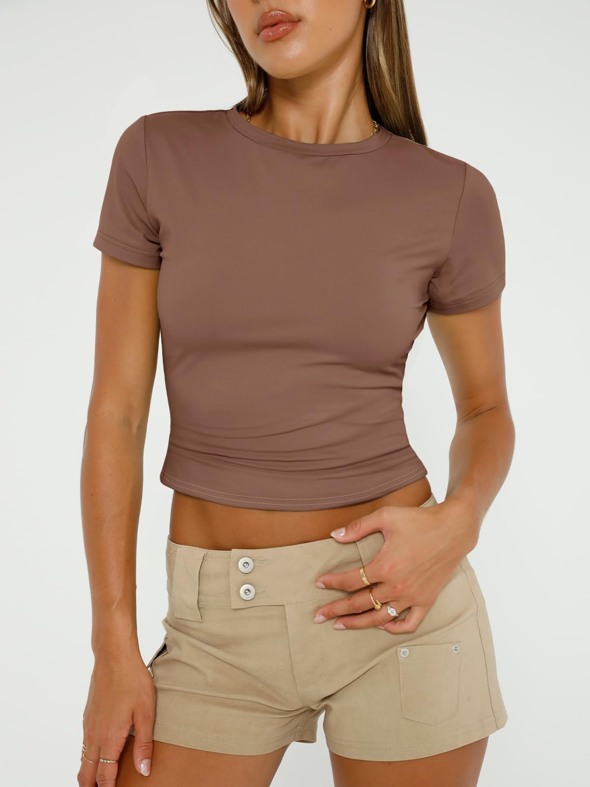 AUTOMET Womens 3 Piece Short Sleeve Shirts Basic Going Out Slim Fitted Crop Tops 2026 Summer Y2k Spring Clothes Black,White,Coffee M