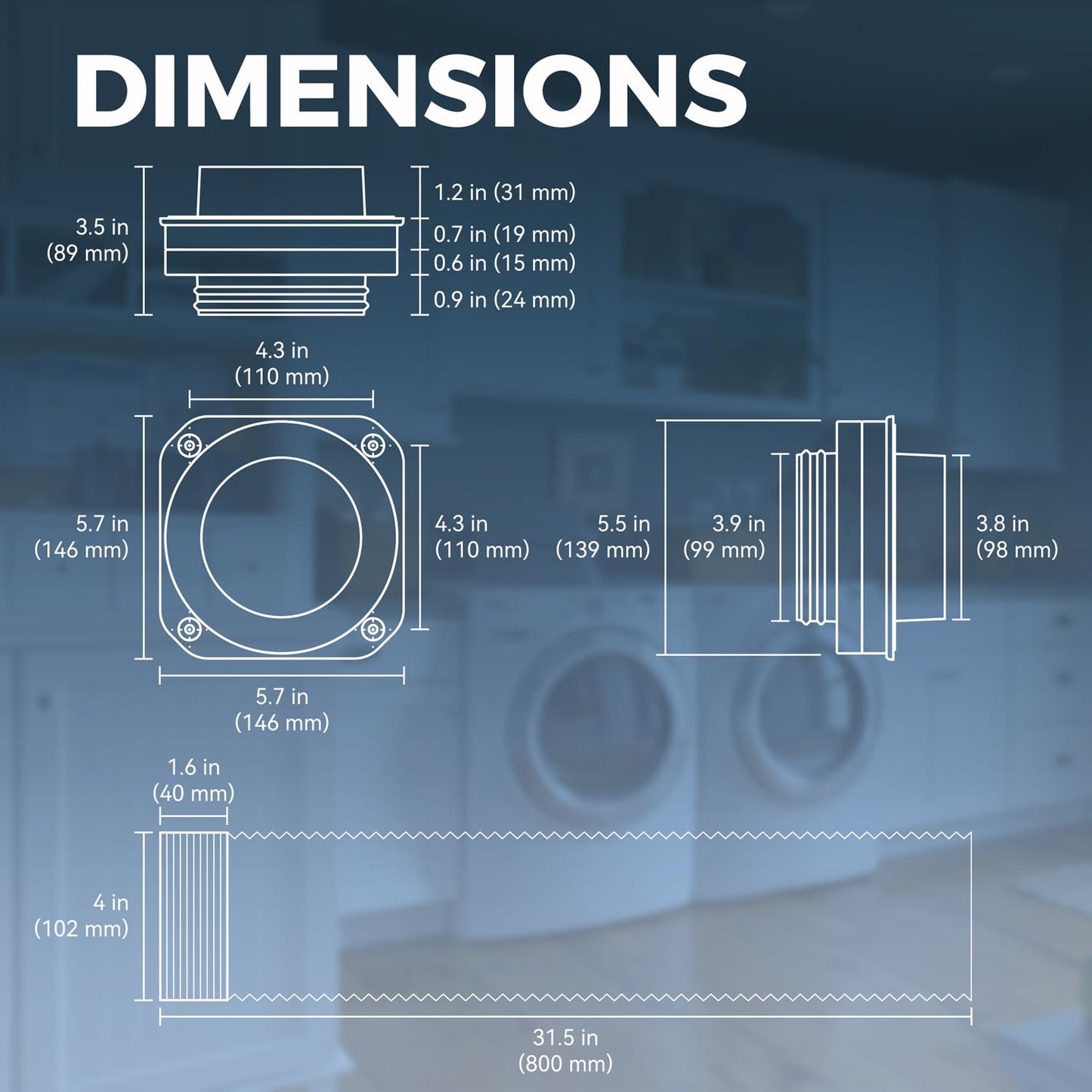 JEEVONY Magnetic Dryer Vent Coupling DV180 Airtight Seal Dryer Vent Connector Kit Easy to Clean Quick Connector Including a 2.6ft 4" Duct and two Clamps