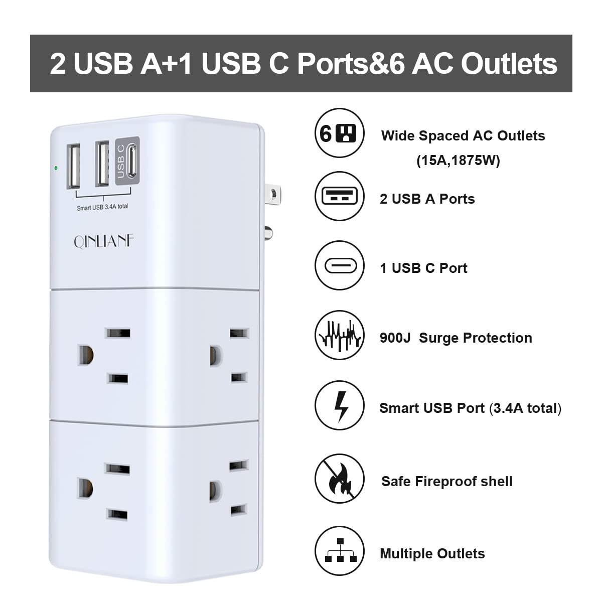 USB Outlet Extender Surge Protector - QINLIANF Multi Plug Outlet with Rotating Plug, 3-Sided Swivel Power Strip with 6 AC Spaced Outlet Splitter and 3 USB Ports (1 USB C) for Travel, Home, Office,ETL