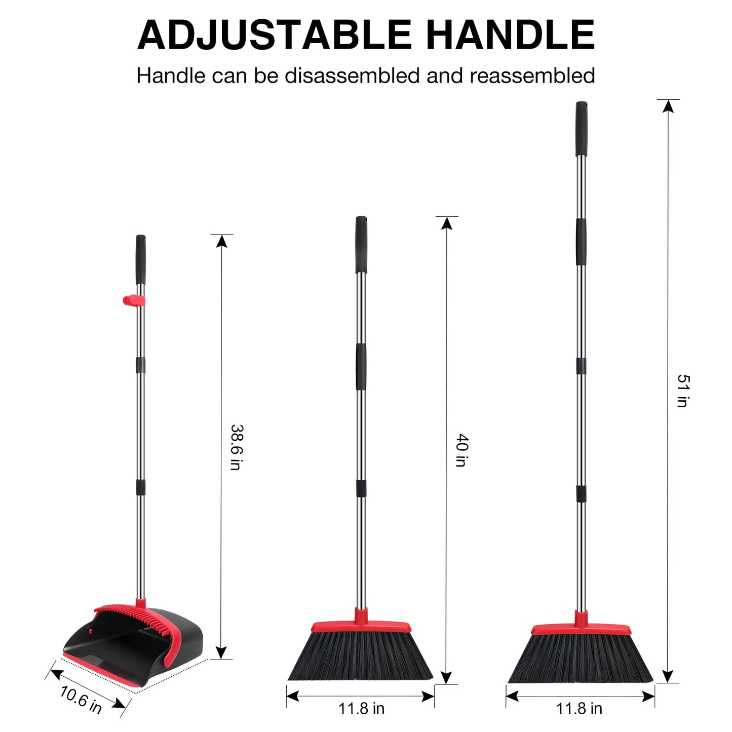 NACENA Broom and Dustpan Set, 52-in Long Adjustable Handle Broom Dustpan Combo with Dustpan Teeth to Automatically Clean Hair Suitable for Home Kitchen Office Hall Floor(Black&Red)