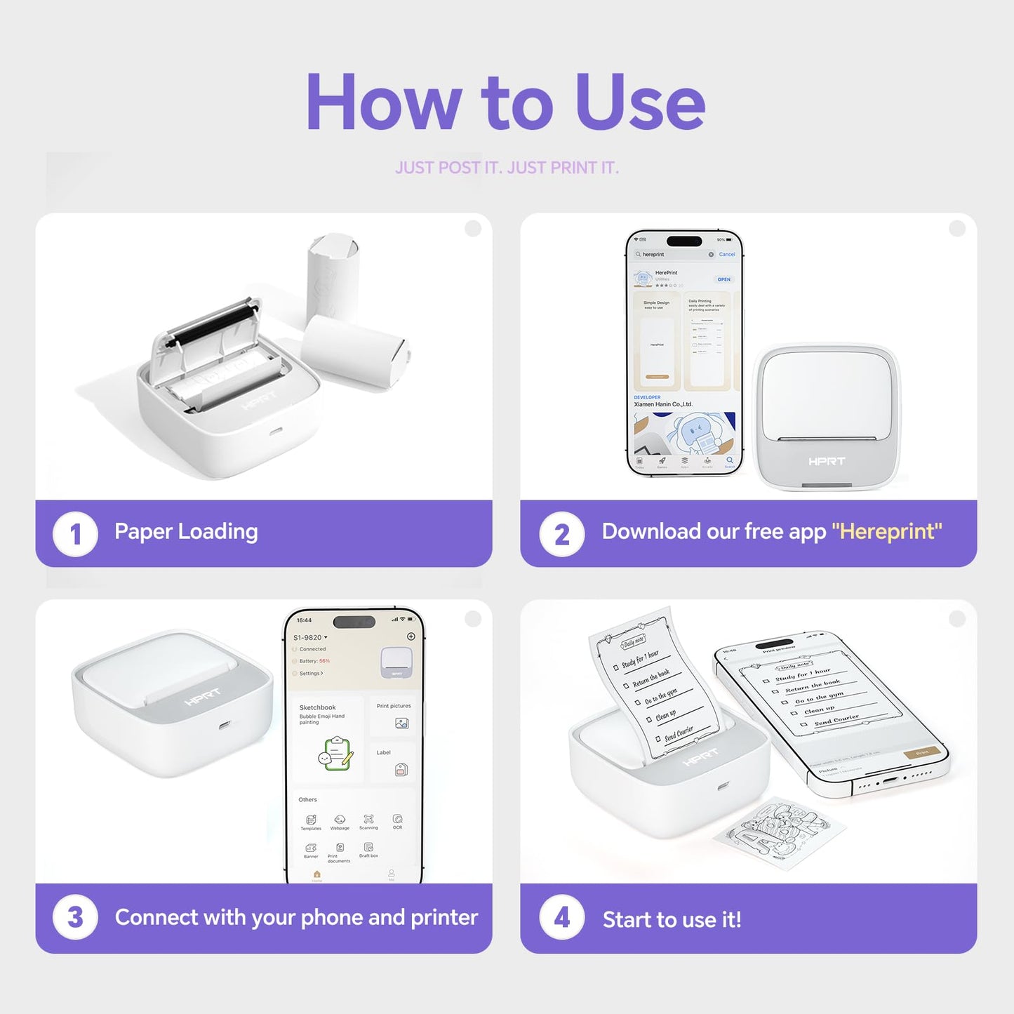 HPRT Mini Printer Sticker Maker with 1 Rolls Paper, Bluetooth Portable Thermal Printer, Print Pods Printer for Pictures, Study Notes, Kid's DIY Creation, Memo, List, Compatible with Phone