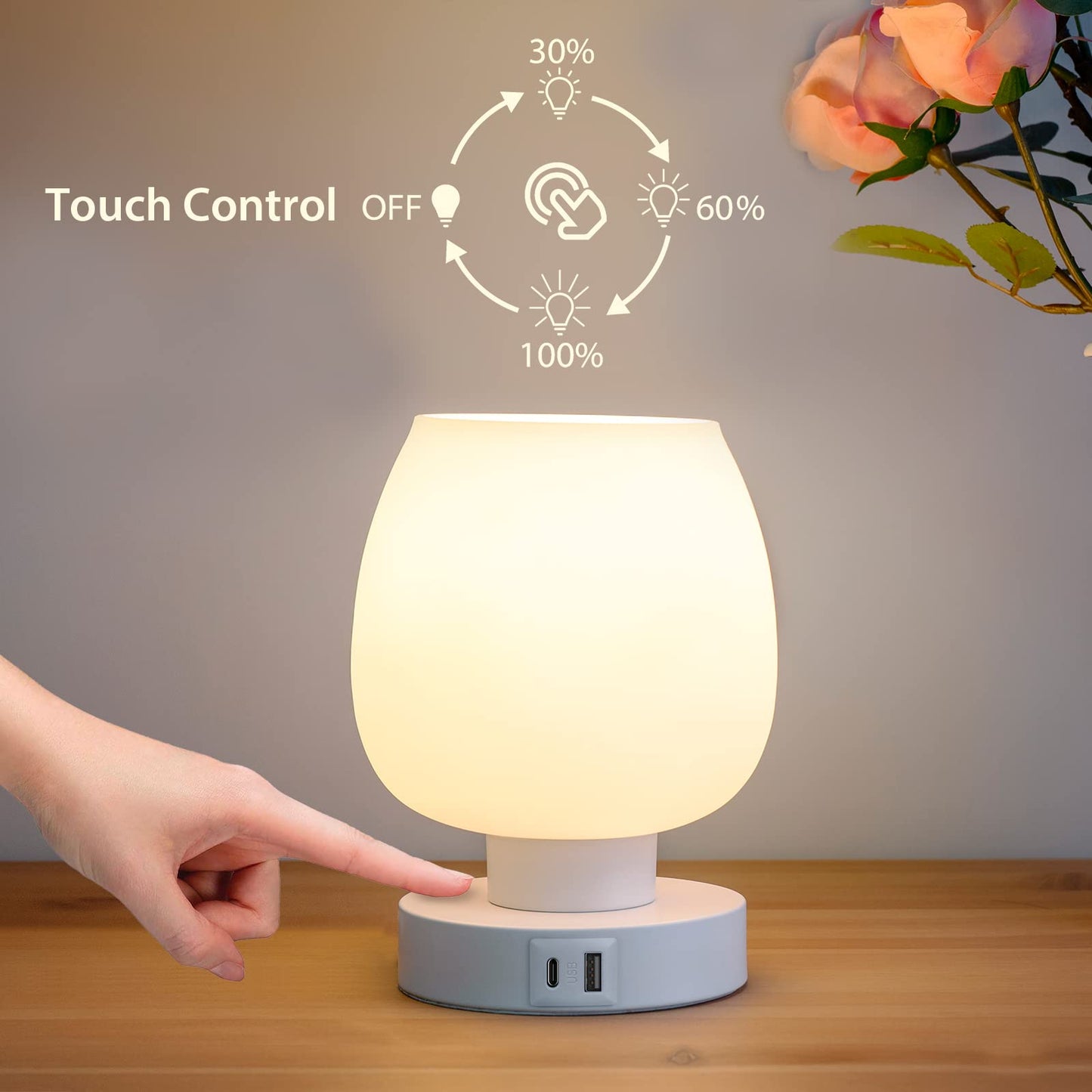 Touch Bedside Table Lamp Set of 2 - Small Modern Nightstand Lamp for Bedroom with USB C+A Charging Ports, 3-Way Dimable Desk lamp with White Opal Glass Lamp Shade, 3000K LED Bulb, Simple Design