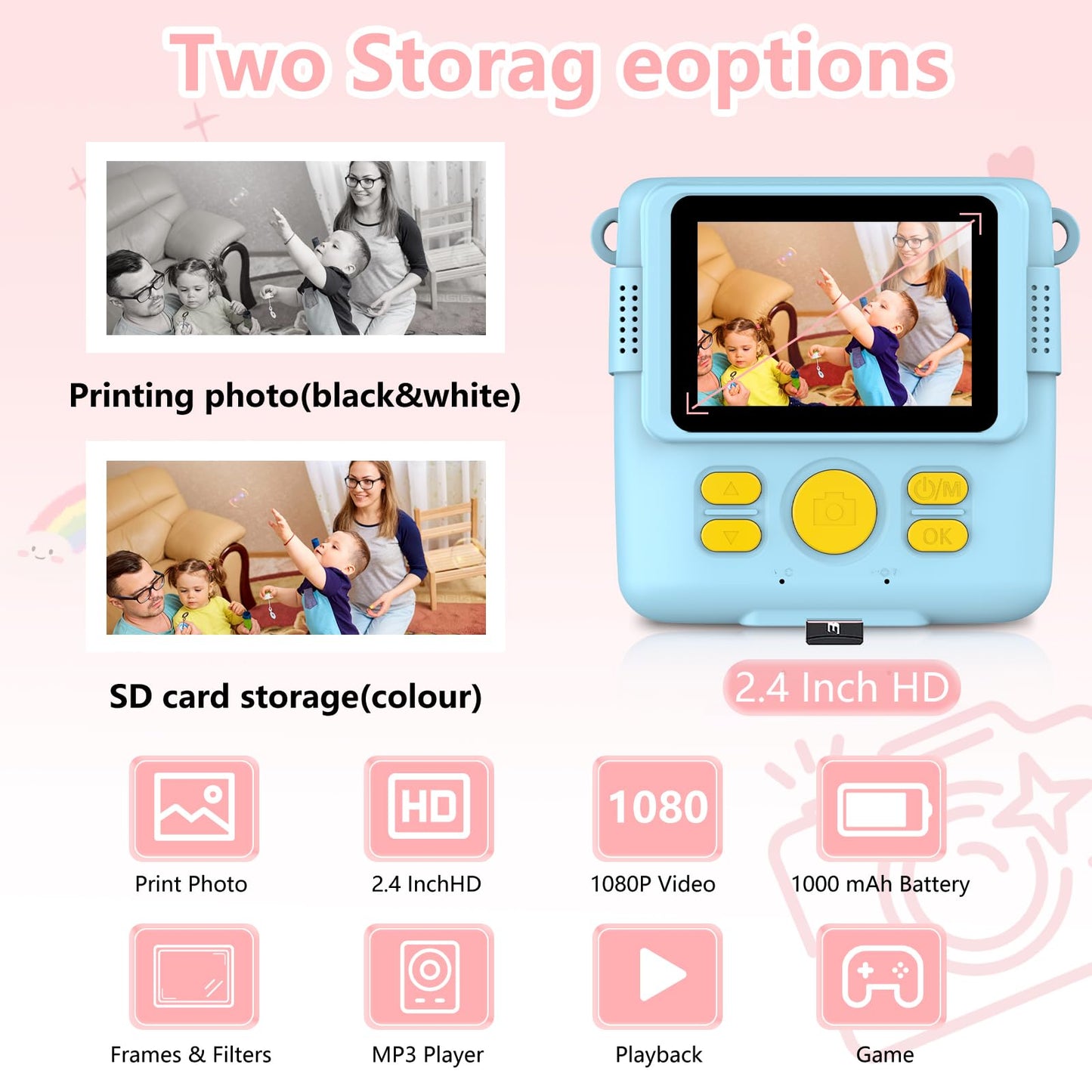 Radekly Instant Print Camera for Kids,Christmas Birthday Gifts for Age 3-12 Girls Boys,1080P HD Digital Video Cameras for Toddler,Kids Portable Toy with 3 Rolls Photo Paper,32GB Card-Blue