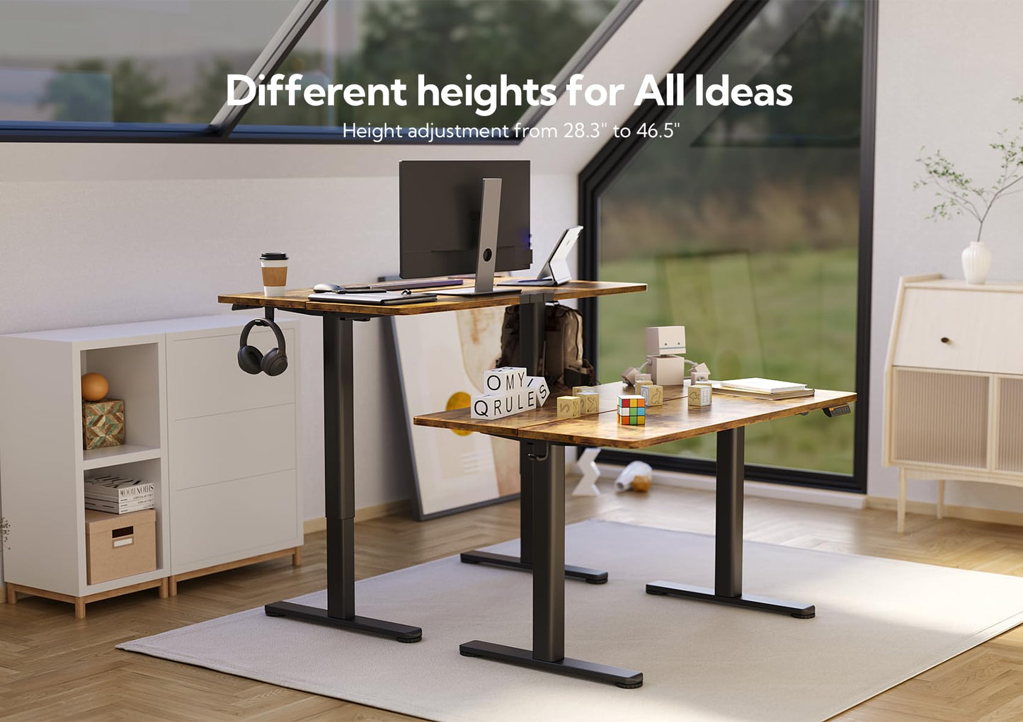 Claiks Electric Standing Desk, Adjustable Height Stand up Desk, 48x24 Inches Sit Stand Home Office Desk with Splice Board, Black Frame/Rustic Brown Top