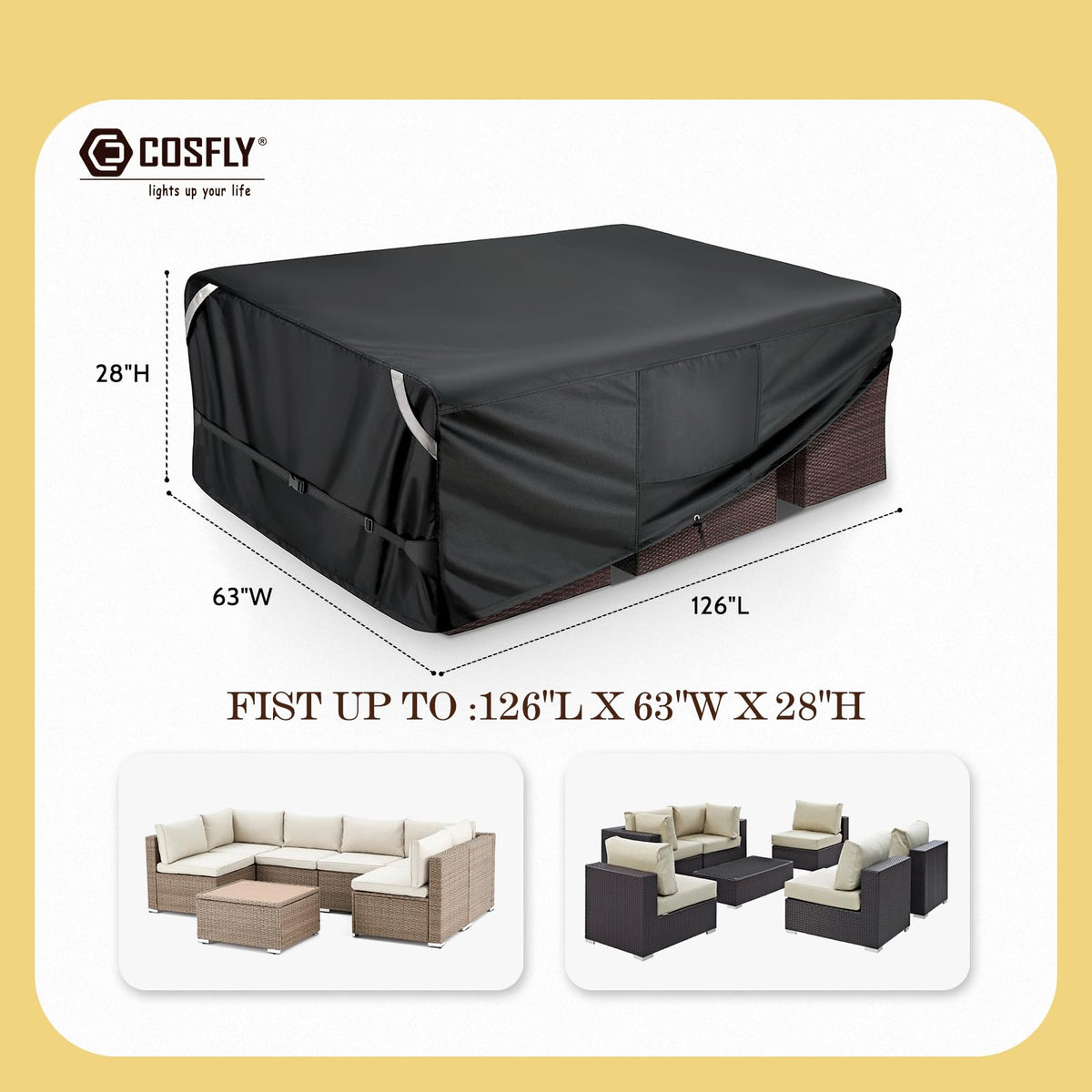 COSFLY Waterproof Patio Furniture Covers for Table and Chair Set, Rectangular Outdoor Sectional Sofa Covers Large - Fits up to 126L x 63W x 28H inches(Black)