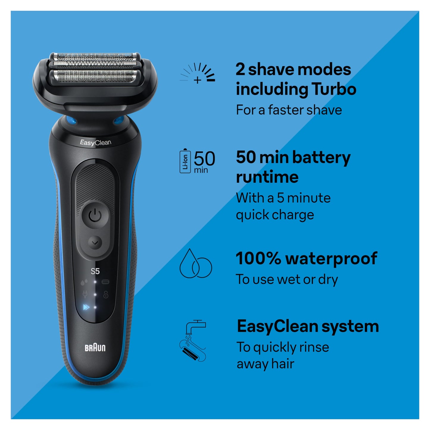 Braun Electric Shaver for Men, Series 5 5150cs, Wet & Dry Razor, Turbo Shaving Mode, Foil Shaver, with Beard Trimmer, Body Groomer and Charging Stand, Blue, Holiday Gifts for Men
