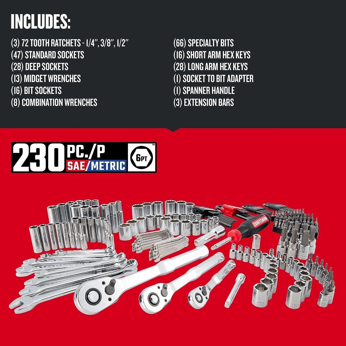 CRAFTSMAN Mechanics Tool Set, 230-Piece Hand Tool and Socket Set with 3-Drawer Tool Box (CMMT45305)