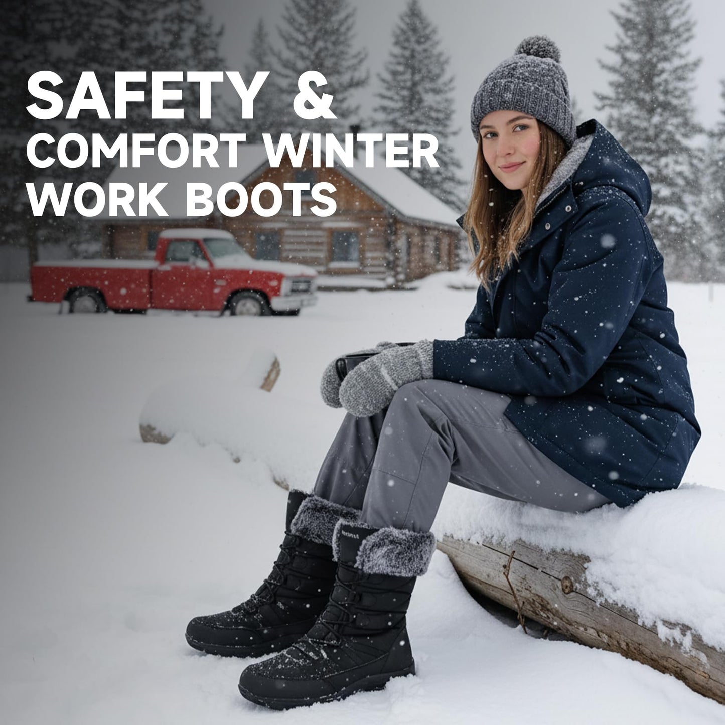 ANGRYRAM Winter Steel Toe Boots for Women Warm Insulated Non Slip Snow Boots Comfortable Work Shoes Mid Calf Faux Fur Furry Snow Shoes for Industry Construction Outdoor Winter