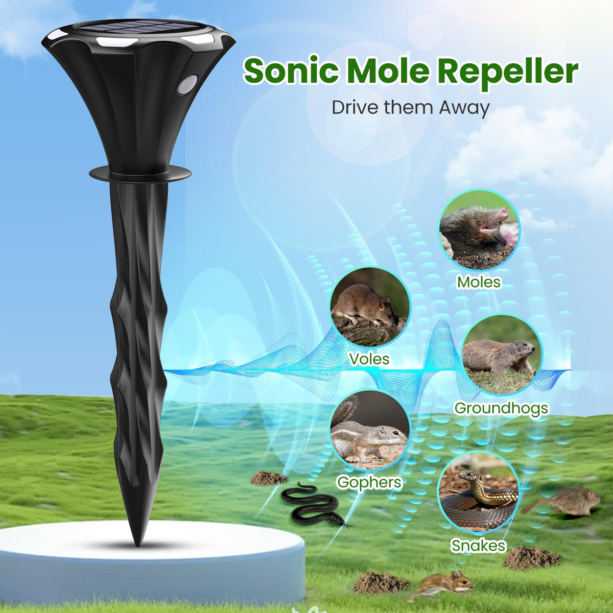 Solar Mole Repellent Ultrasound, Gopher Repeller with LED Night Light, Vole Repeller Outdoor Waterproof, Snake Chipmunk Sonic Spike Stakes in Yard, Lawn, Garden, 4 Pack, Black