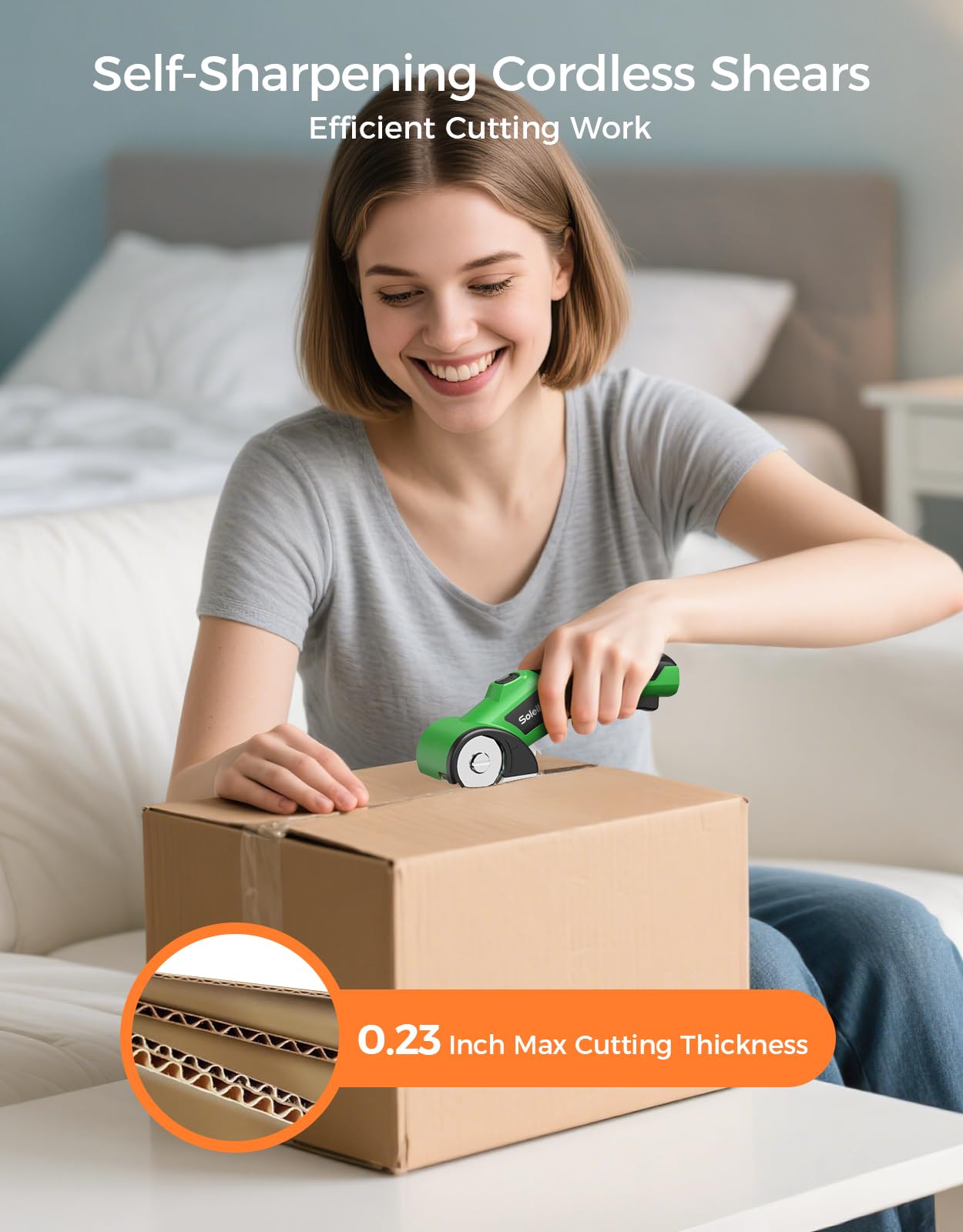 Cordless Electric Scissors, Rechargeable Cardboard Cutter, 4V Upgrade Motor Electric Box Cutter with 2 Blades, Safety Lock & LED Light, Powerful Cutting for Cardboard Box, Plastic, Leather