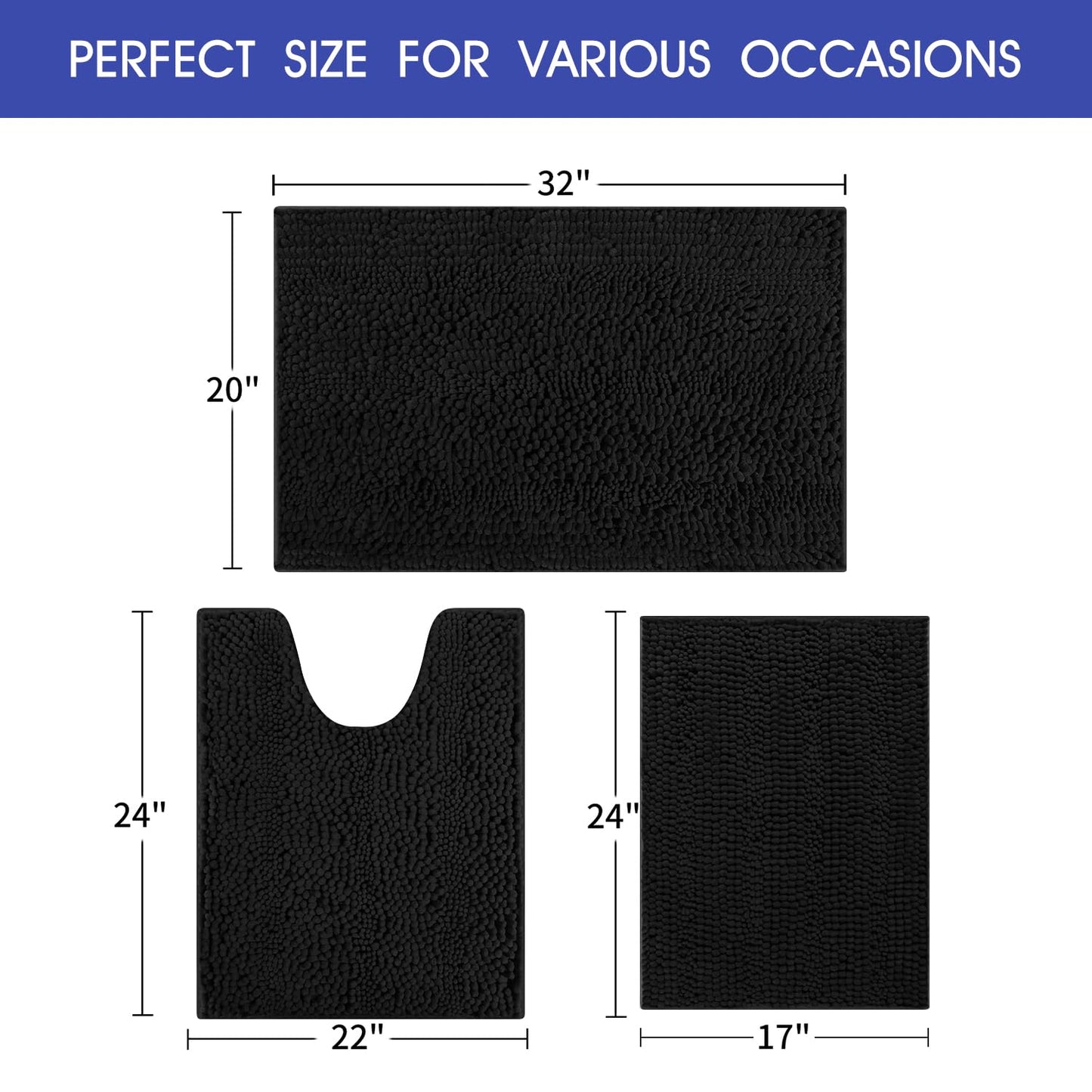 ACCUMTEK Striped Black Bathroom Rug Set 3 Pieces Ultra Soft, Non Slip Chenille Toilet Mat, Absorbent Plush Shaggy Bath Mats for Bathroom, Bedroom, Kitchen