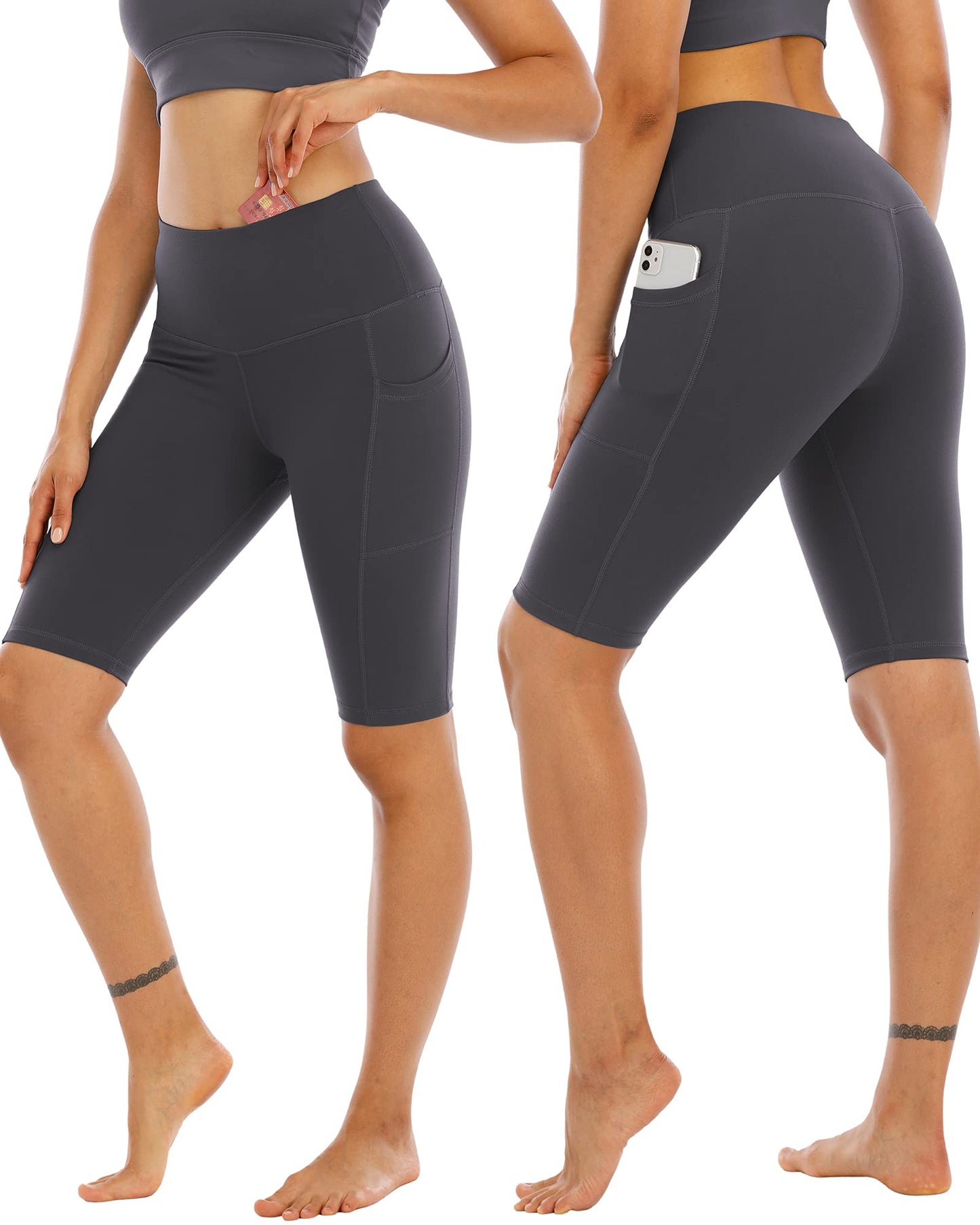 WHOUARE 4 Pack Biker Yoga Shorts with Pockets for Women,High Waisted Athletic Running Workout Gym Shorts Tummy Control,Black,Black,Dark gray,Dark gray,M