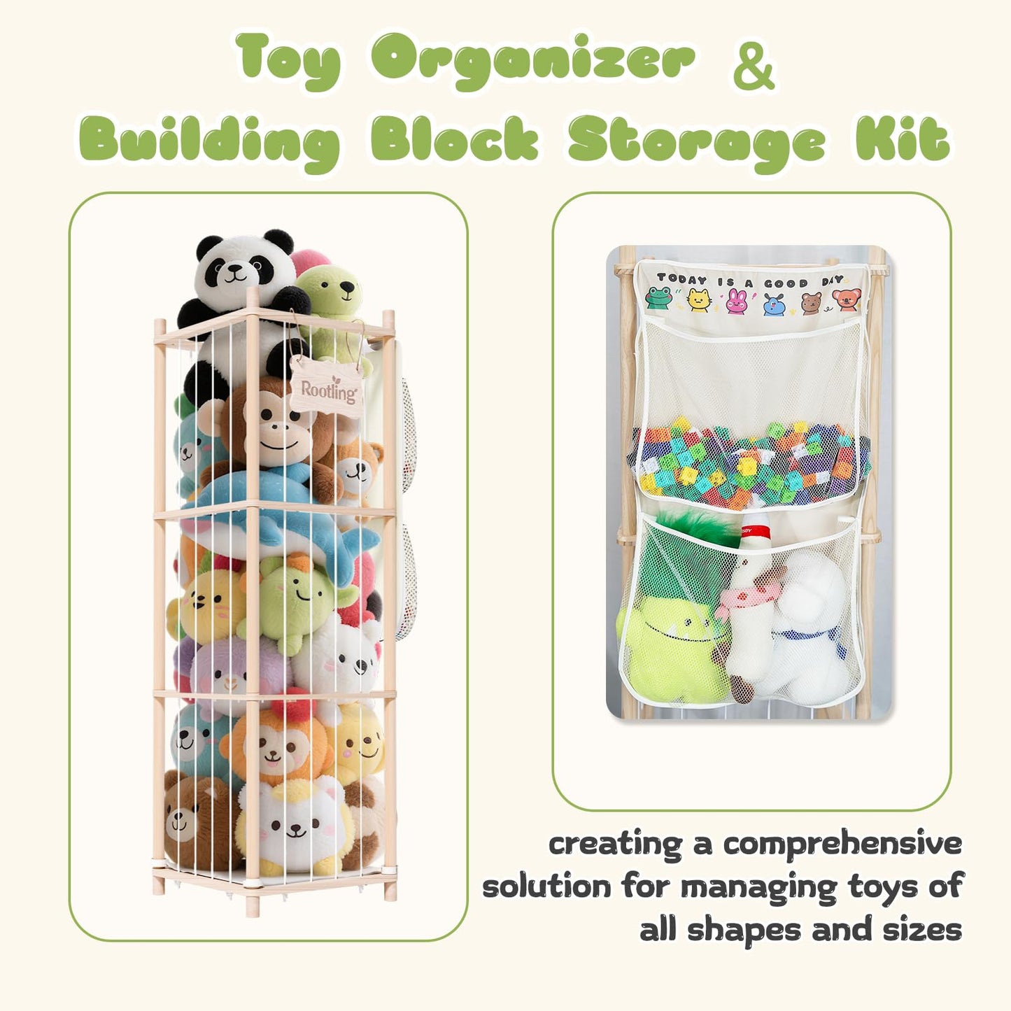 Stuffed Animals Storage & Organizer, 54 inch Tall Wooden Cute Zoo Toy Holder w/Building Block Storage Bag, Premium Wooden Material with Elastic Cord For Toddler Rooms, Playrooms & Bedrooms
