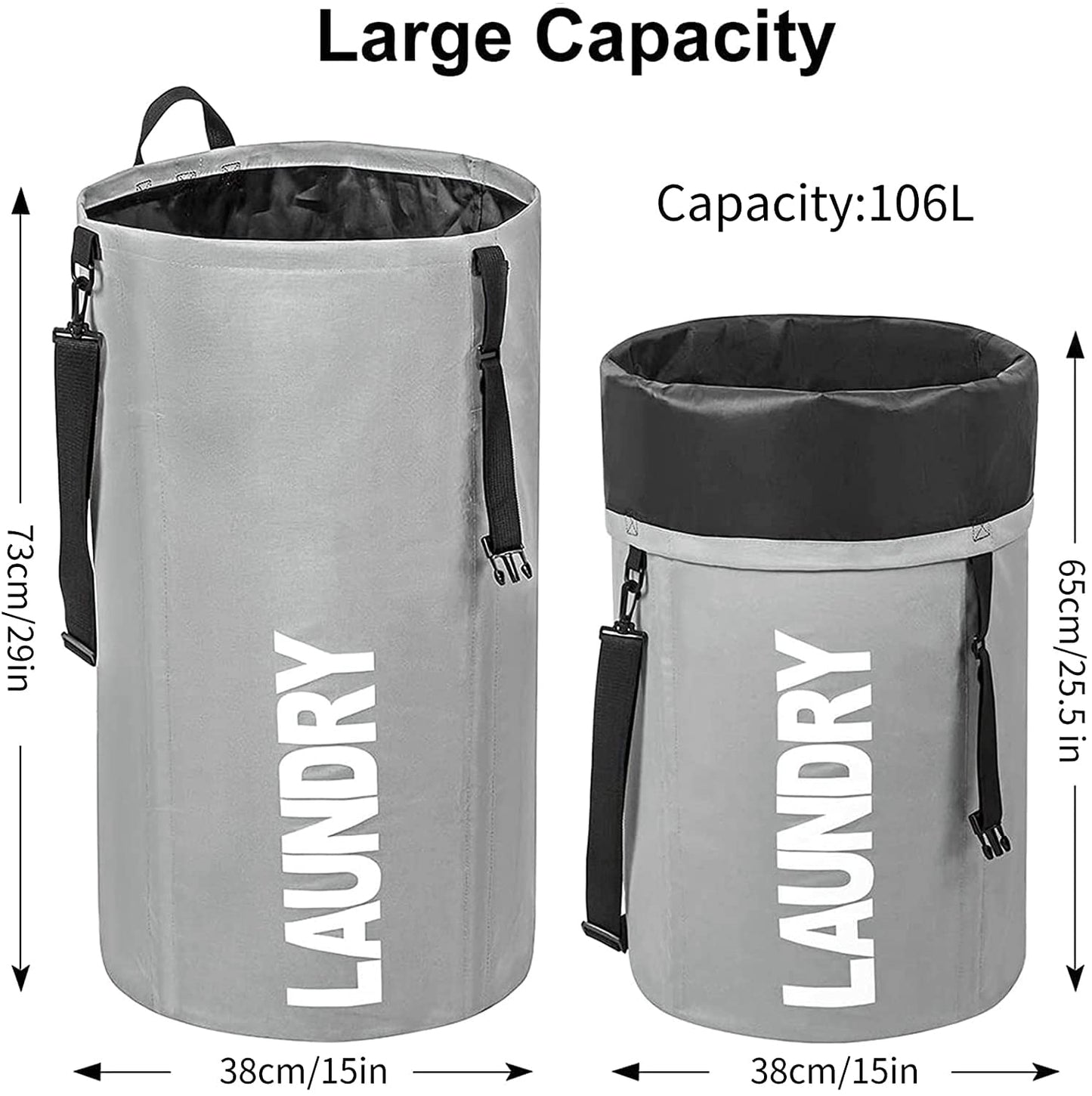 Chrislley 106L Extra Large Laundry Hamper with Drawstring Dorm Room Backpack Laundry Bag Collapsible Laundry Basket for College Students Travel Day Trip(Grey)