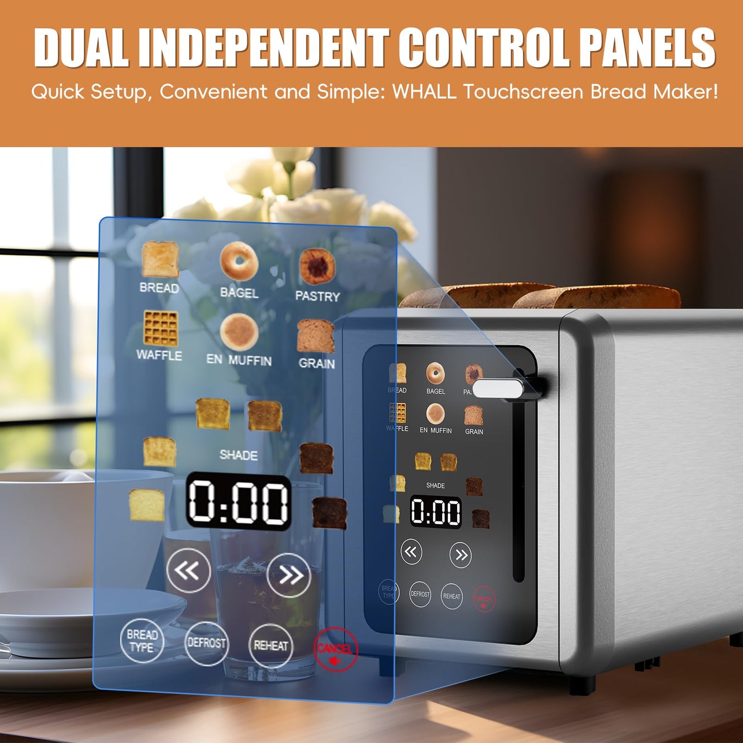 WUNLY Touch screen Toaster 2 slice,Stainless Steel Digital Timer Toasters with Sound Function,6 Bread Types & 6 Shade Settings,Smart Extra Wide Slots Toaster with Bagel,Defrost Functions