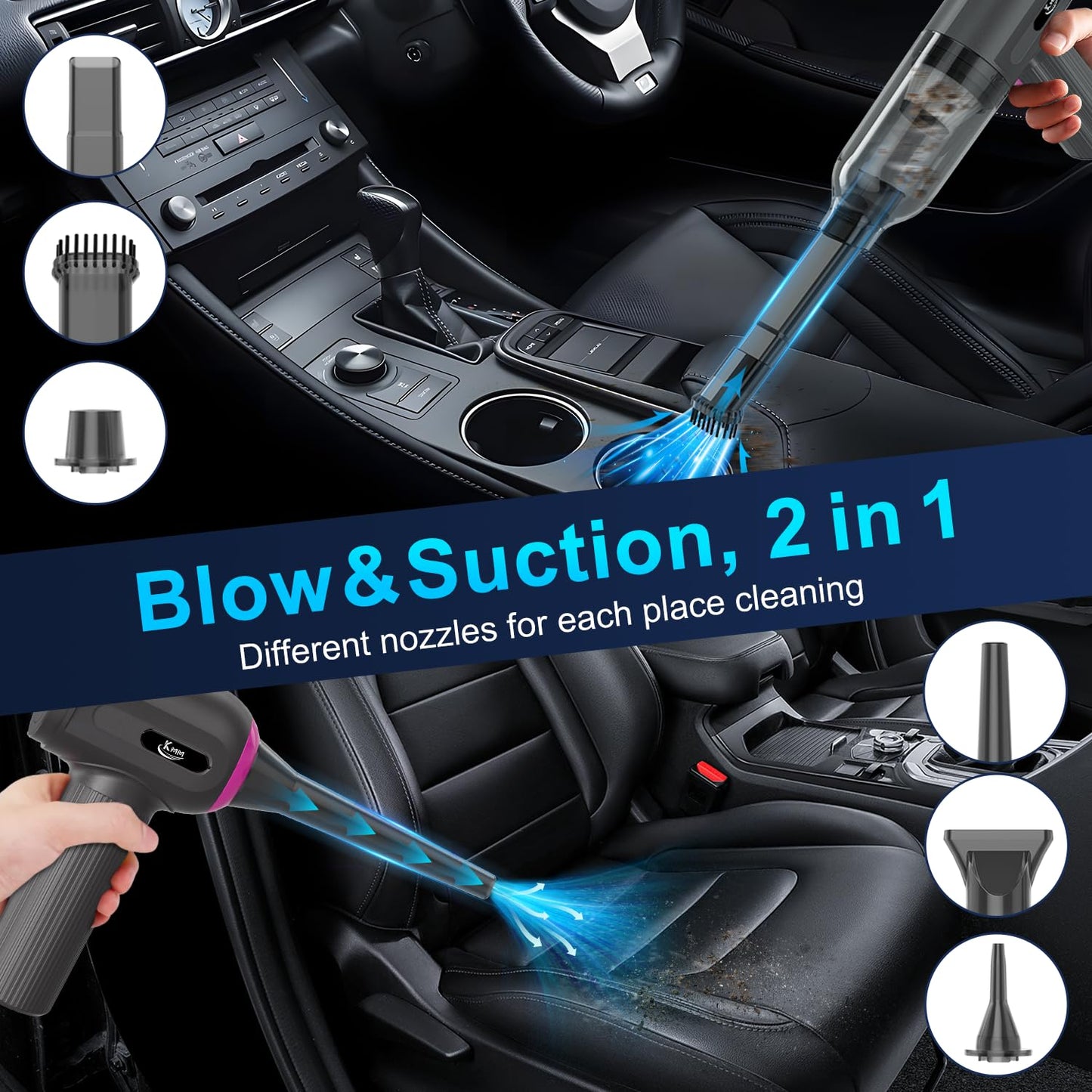 KMM Handheld Car Vacuum Cleaner, 4 in 1 Vacuum Cleaner 16000Pa Air Duster, 3-Speed Adjustable 120W High Power Vacuum Cleaner with LED Light and Multi-Nozzles for Car, Home, Office, Pet