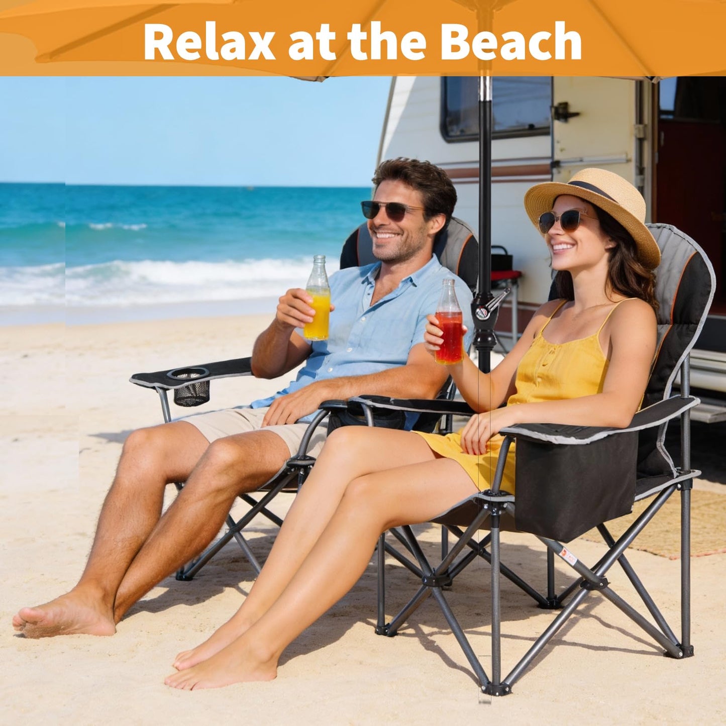 NEWBULIG Oversized Folding Camp Chair for Adults, 500 LBS Heavy Duty Support, Portable Outdoor Collapsible Chairs, with Cup Holders, Side Cooler & Pockets, for Lawn, Beach, Fishing, Hiking, Black