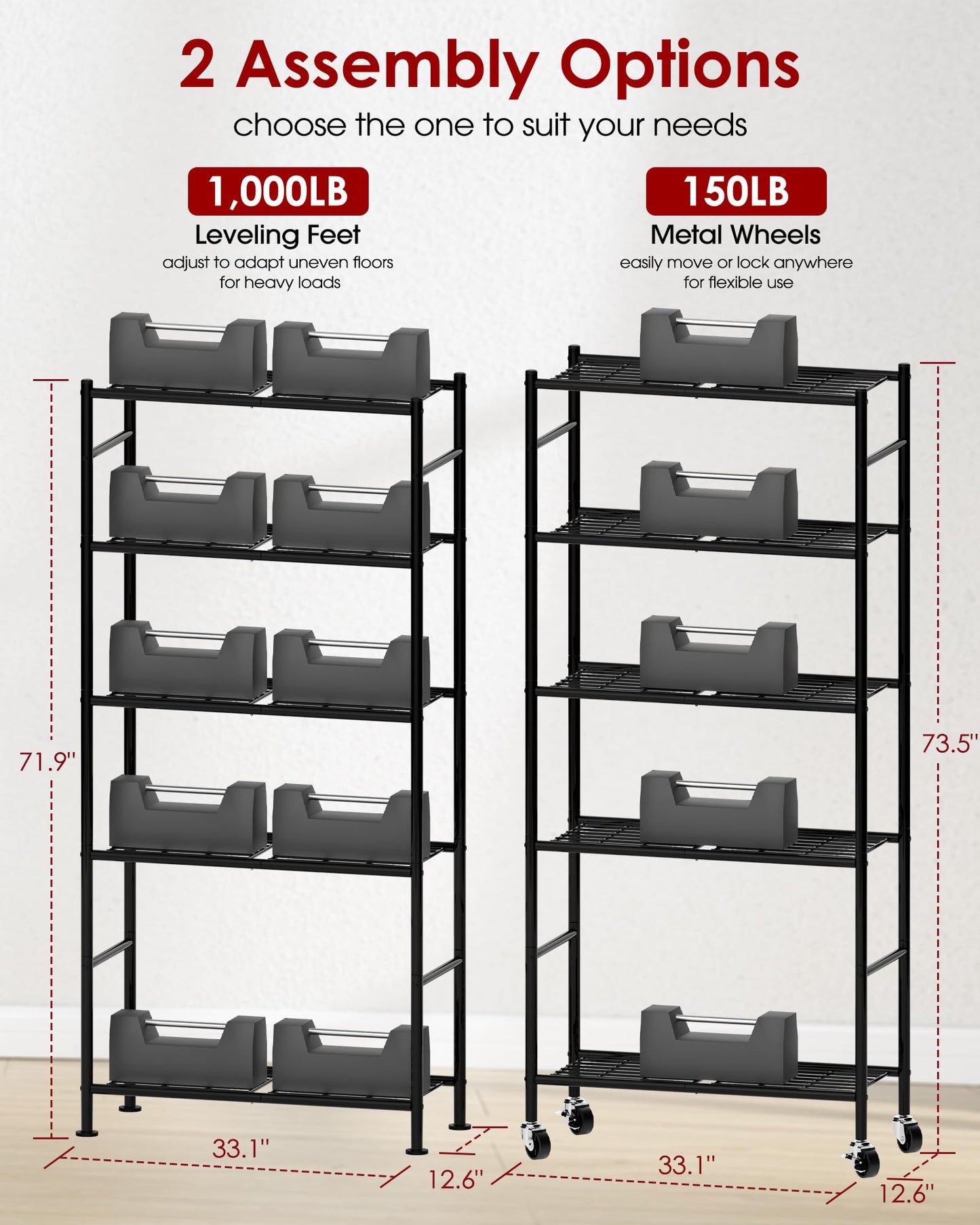 Sakugi Storage Shelves Organizer - 5 Tier Metal Shelf Organizer with Metal Wheels and Adjustable Leveling Feet, Heavy Duty Garage Shelving for Kitchen, Pantry and Closet, 33.1"x12.6"x73.5", Black